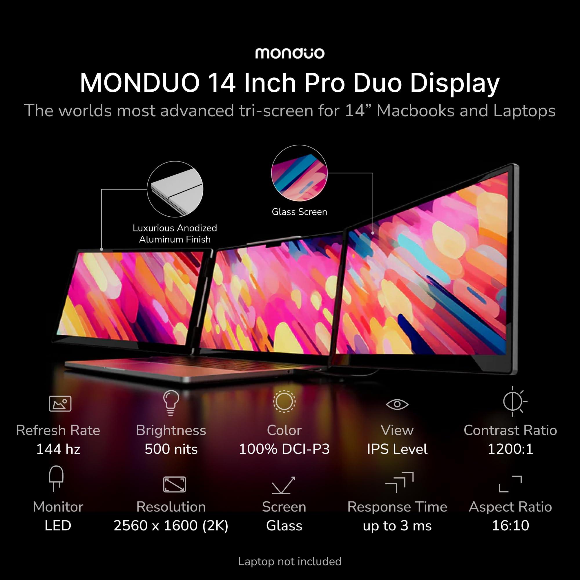 monduo 14" Pro Triple Laptop Glass Screen Extender, Dual 14" 2k Portable Monitors, 144Hz, 100% DCI-P3, 500 Nits, Aluminum Finish for 14" MacBook Pro & Windows, for Gaming, Creators, & Professional - Image 2