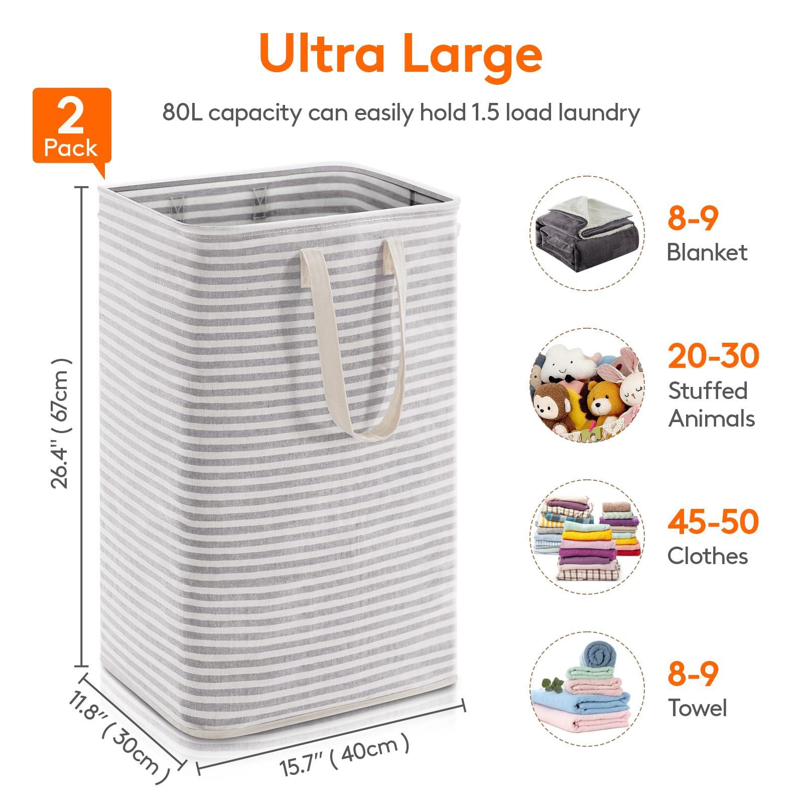 Lifewit 2 Pack Laundry Hamper Large Collapsible Laundry Baskets, Freestanding Waterproof Clothes Hamper with Easy Carry Handles in Laundry Room Bedroom Bathroom College Dorm for Adults, Grey, 2 x 80L - Image 3