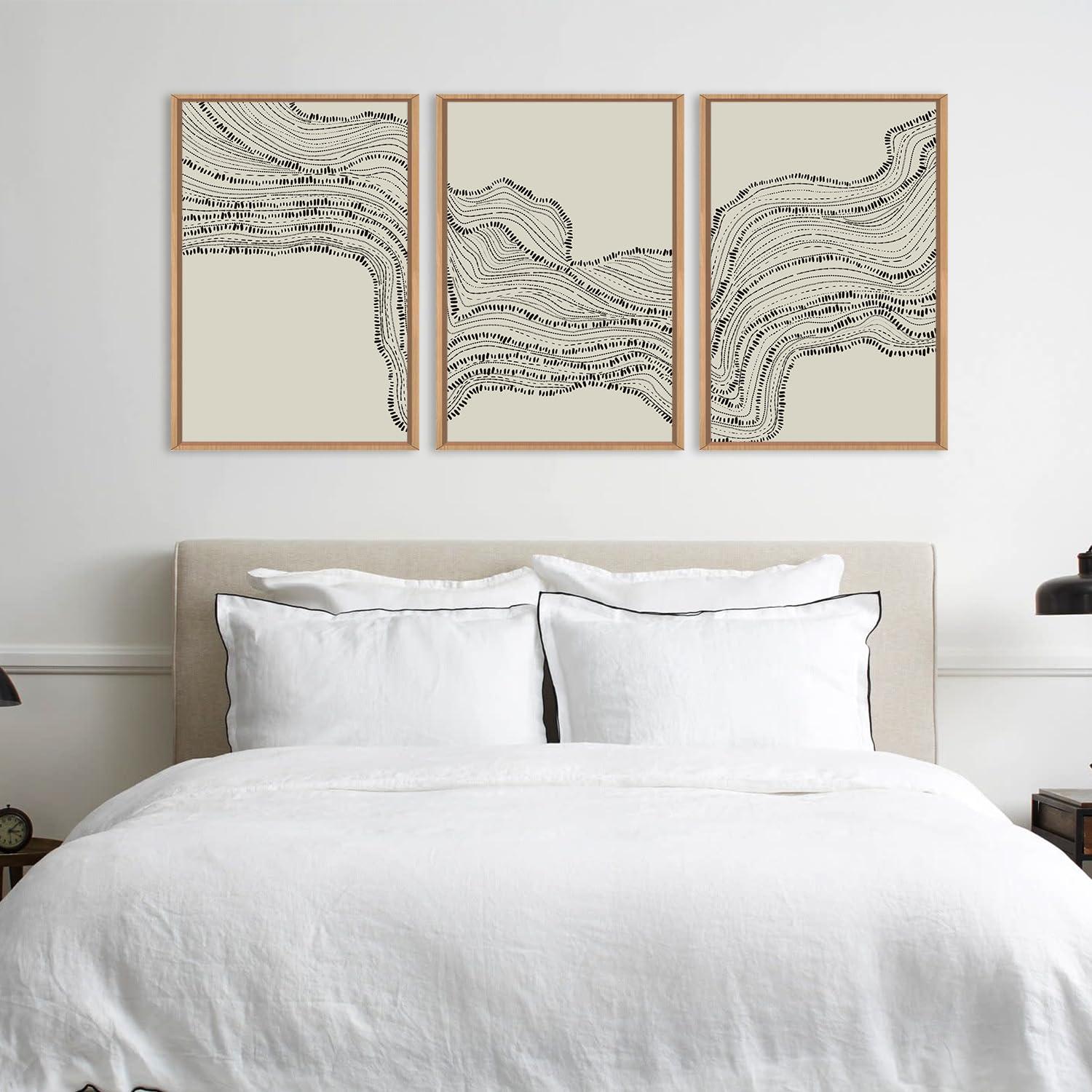 HLNIUC Neutral Abstract Framed Canvas Wall Art Set, Black Beige Wave Line Wall Decor, Large Minimalist Painting, Modern Geometric Art Print for Living Room, Bedroom, Dinning Room, Office - 16"x24"x3 - Image 3