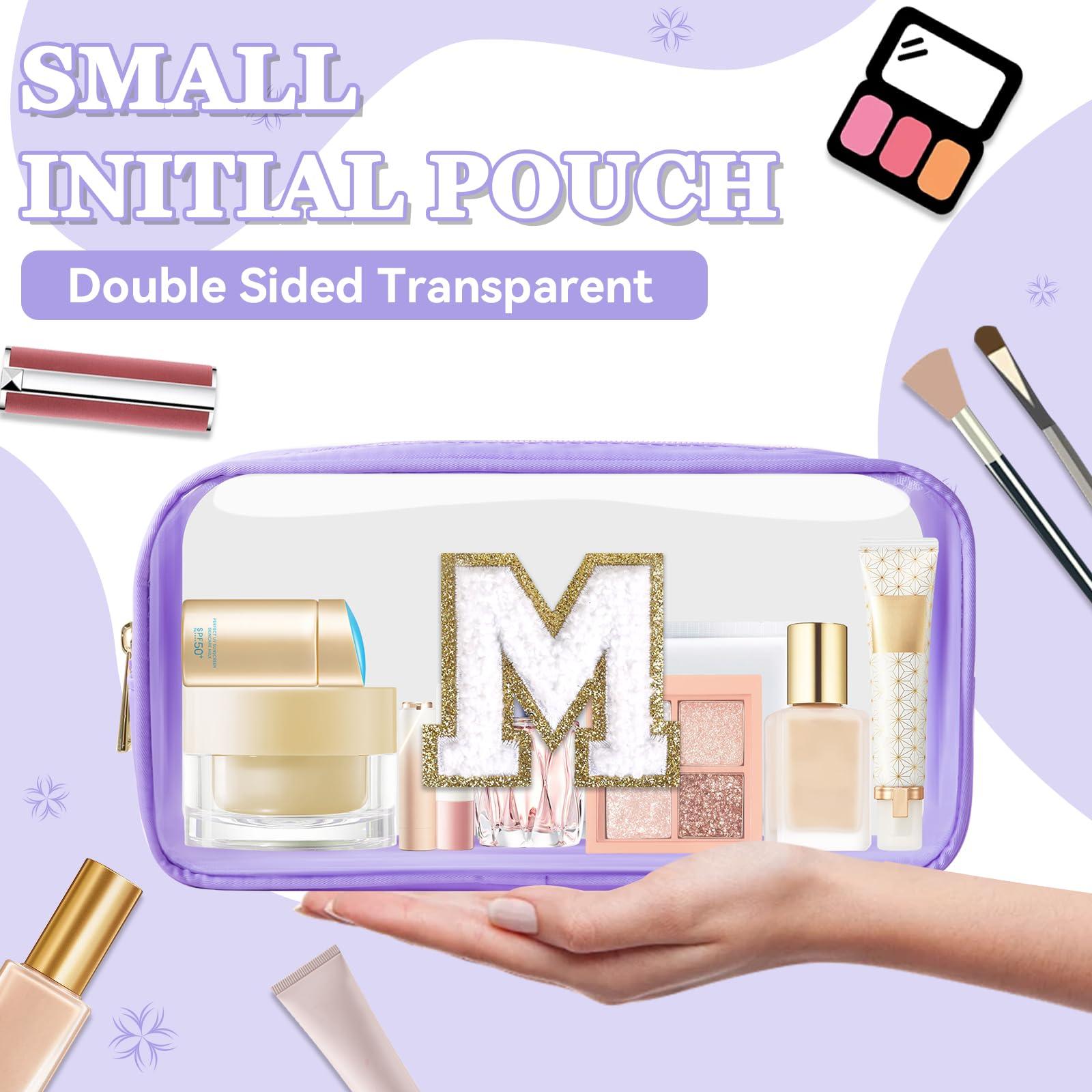 Small Clear Personalized Initial Makeup Bag,Nylon Preppy A-Z Chenille Letter Patch Cosmetic Pouch Beach Toiletry Bag,Waterproof Zip Travel Purse Storage Bag Organizer for Women Girls(Purple-White M) - Image 7