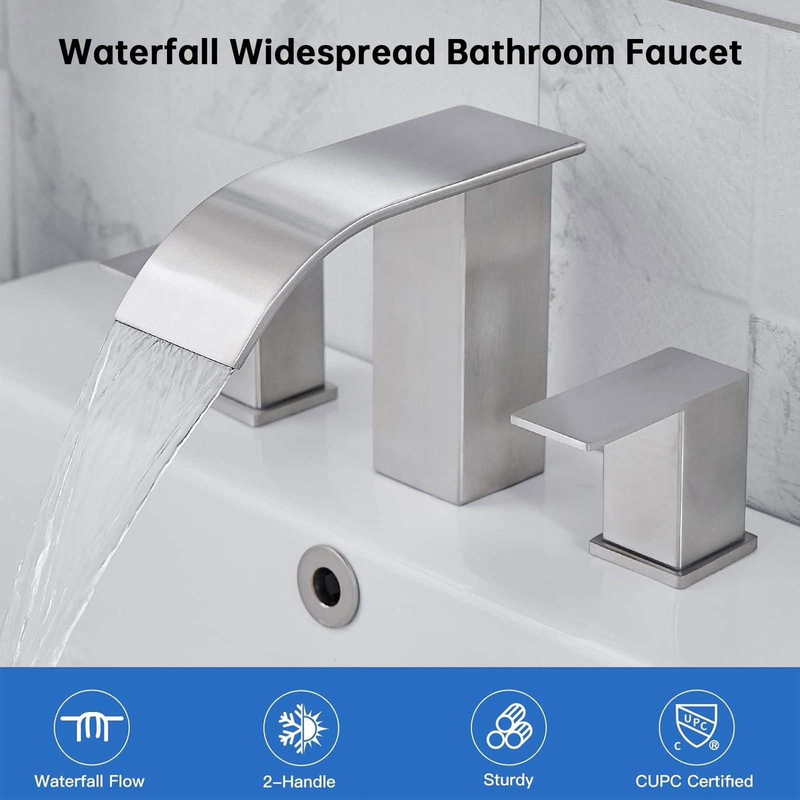 RUMOSE 8 inch Bathroom Faucets Set Brushed Nickel Bathroom Sink Faucet 3 Hole with Pop Up Drain Widespread 2 Handles Stainless Steel Lavatory Vanity Faucet Waterfall Spout Deck Mounted - Image 7