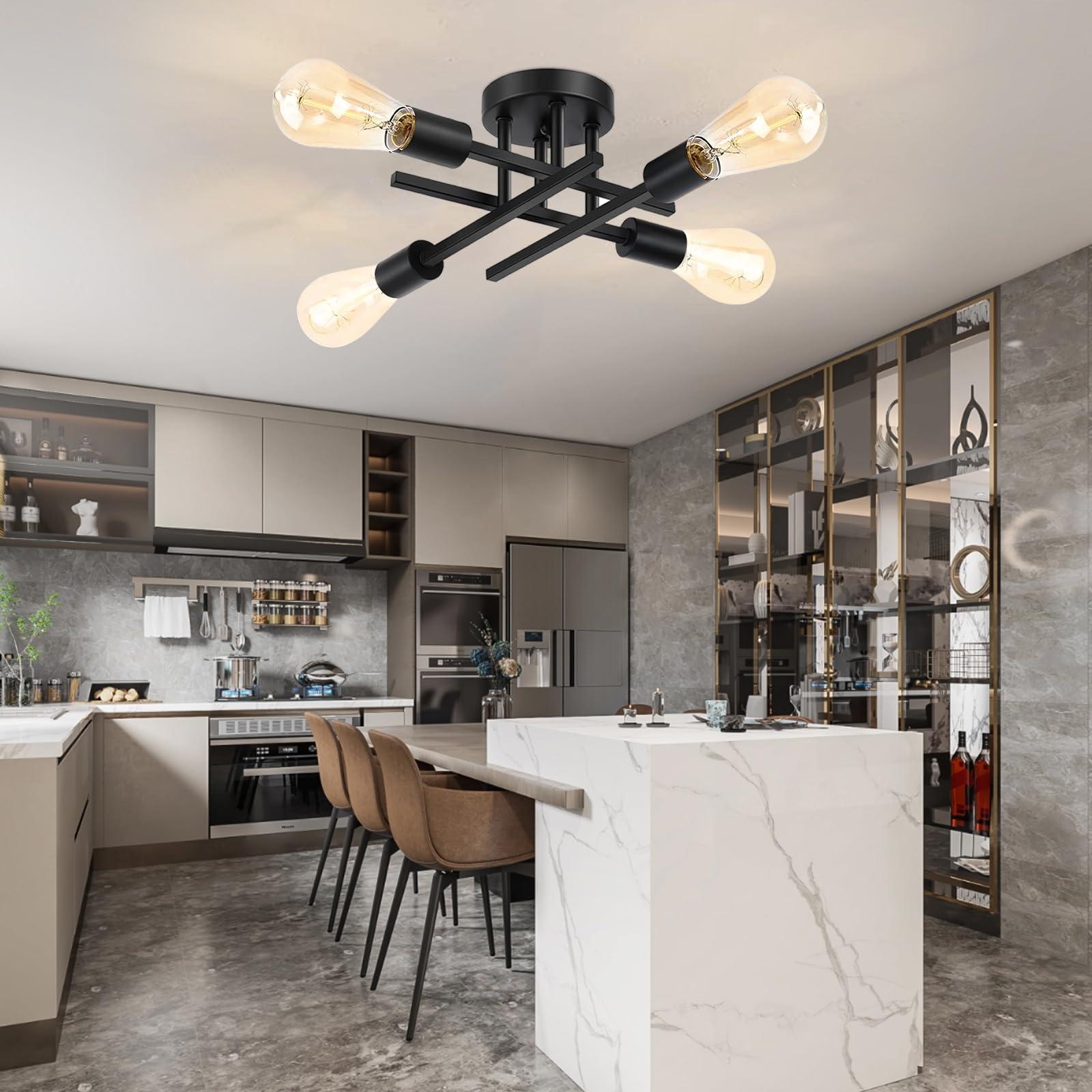 Ceiling Light, Dining Room Light Fixture with E26 Base, Semi Flush Mount Ceiling Light Fixture, Kitchen Lighting Fixtures Ceiling, 4-Light Matte Black Chandelier for Bedroom - Image 5
