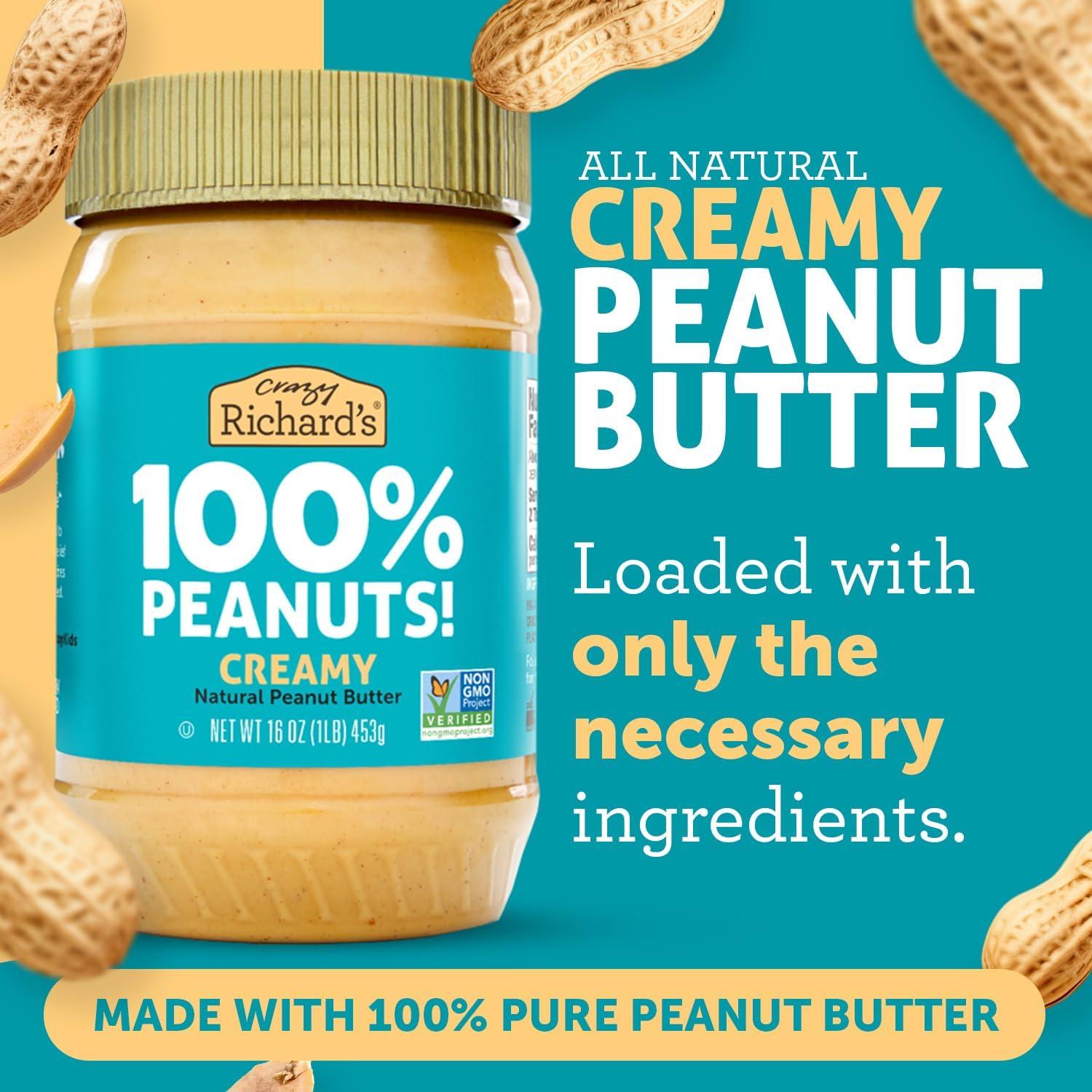 Crazy Richard's 100% All-Natural Vegan Creamy Peanut Butter with No Added Sugar and Non-GMO Variety Pack (Original 100% Peanuts Creamy + No Stir Creamy) - Image 4