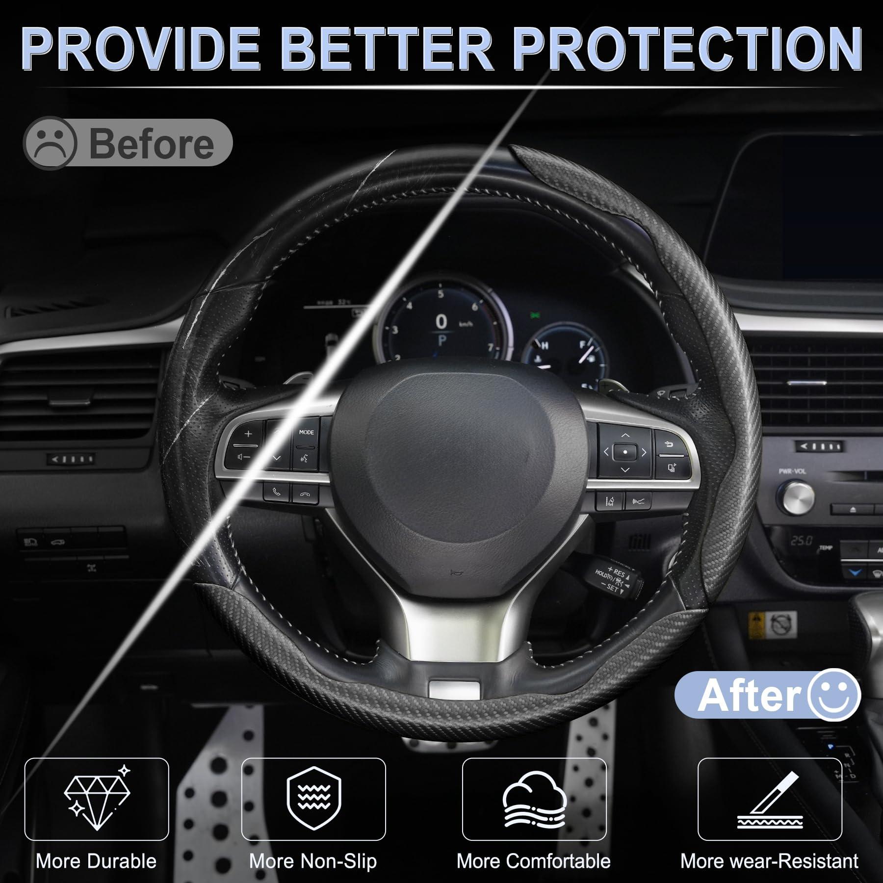 Amiss 3pcs Carbon Fiber Anti-Skid Steering Wheel Cover, Segmented & Butterfly Design, Universal 99% Car Wheel Cover Protector, Black - Image 5