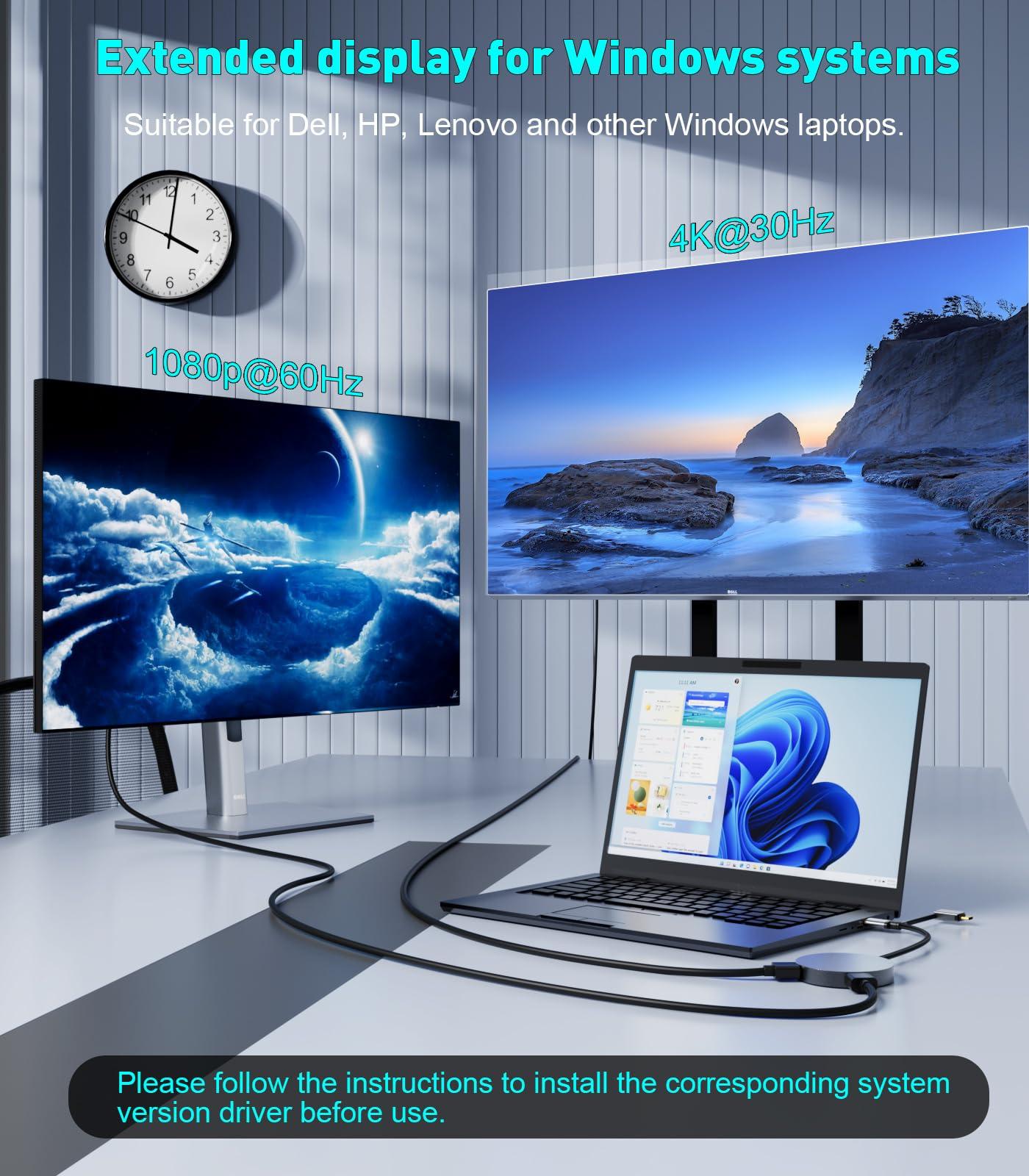 UANTIN USB 3.0 or USB C to Dual HDMI Splitter Extender Display for Windows and Mac M1/M2/M3 | 4K/1080P USB C to HDMI Adapter for Dual Monitor, Multiple for Thunderbolt MacBook, Dell, HP, Lenovo etc - Image 3