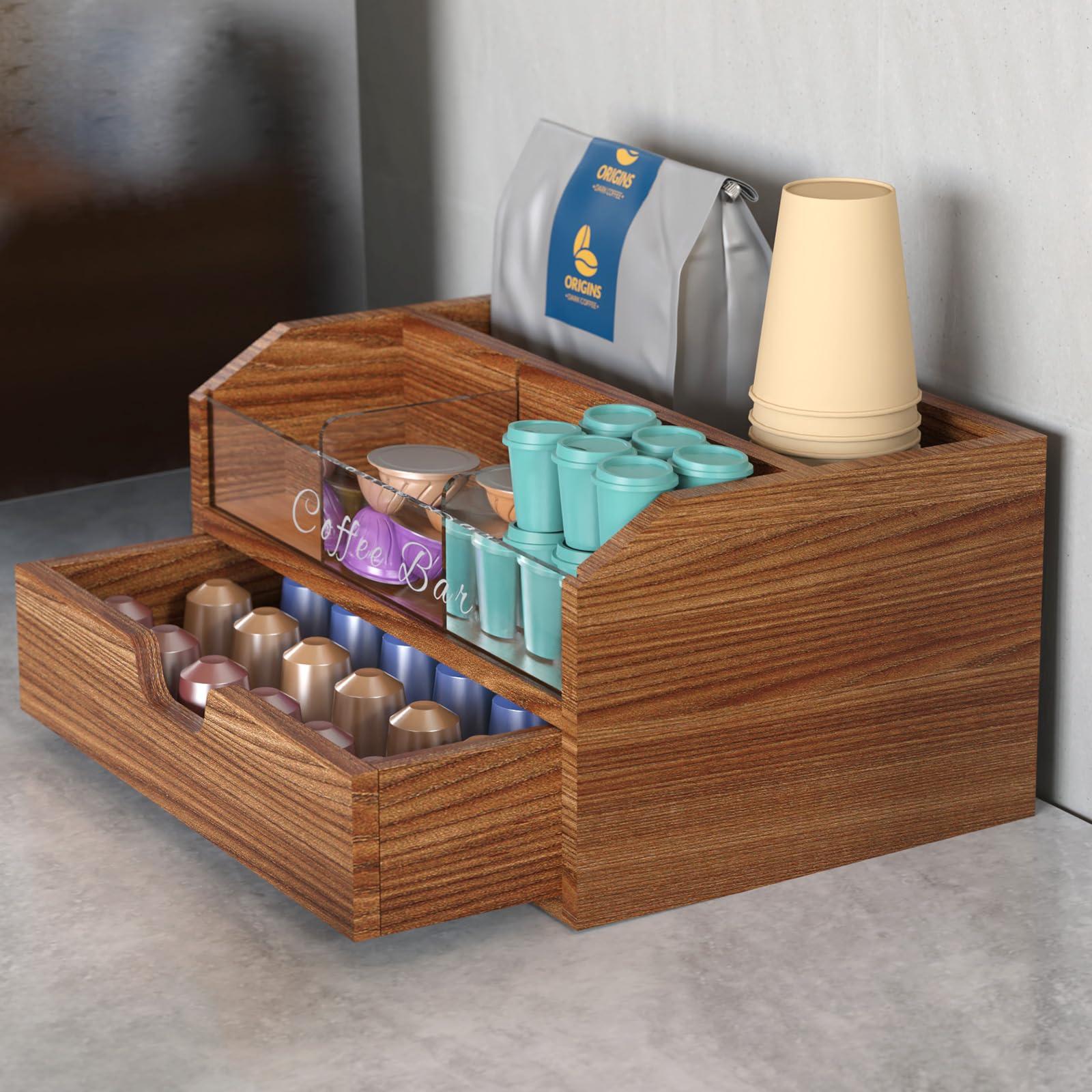 NiHome Solid Wood & Acrylic Coffee Station Organizer with Storage Drawer, Multi-Purpose Adjustable Compartments Coffee Pod Holder for Home, Office, Hotel, Kitchen Counter Storage for Tea, Sugar, Cups - Image 6