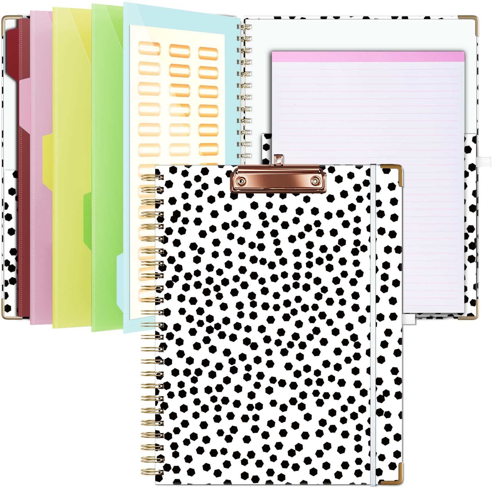 Ospelelf Clipboard with Storage 8.5 X 11，Padfolio Organizer, Spiral Portfolio Letter Size with Notepad, Pen Holder, 5 Extra Folder Divider Pages, Elastic Closure Nurse Office Essentials (Polka Dots)