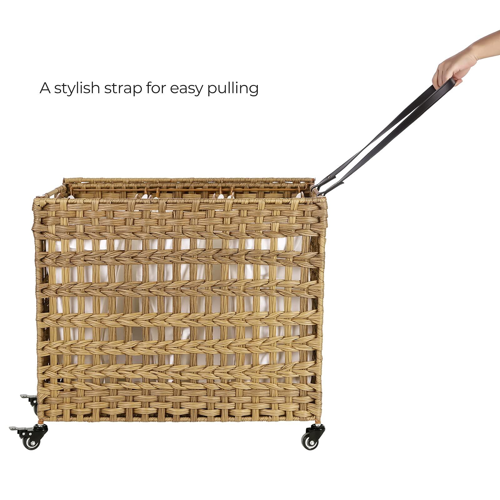 SONGMICS Laundry Hamper with Lid, 140L Synthetic Rattan Laundry Basket with Wheels, Clothes Hamper with 3 Removable Liner Bags, 3-Section Hampers with Handles, Laundry Room, Natural ULCB083N01 - Image 7