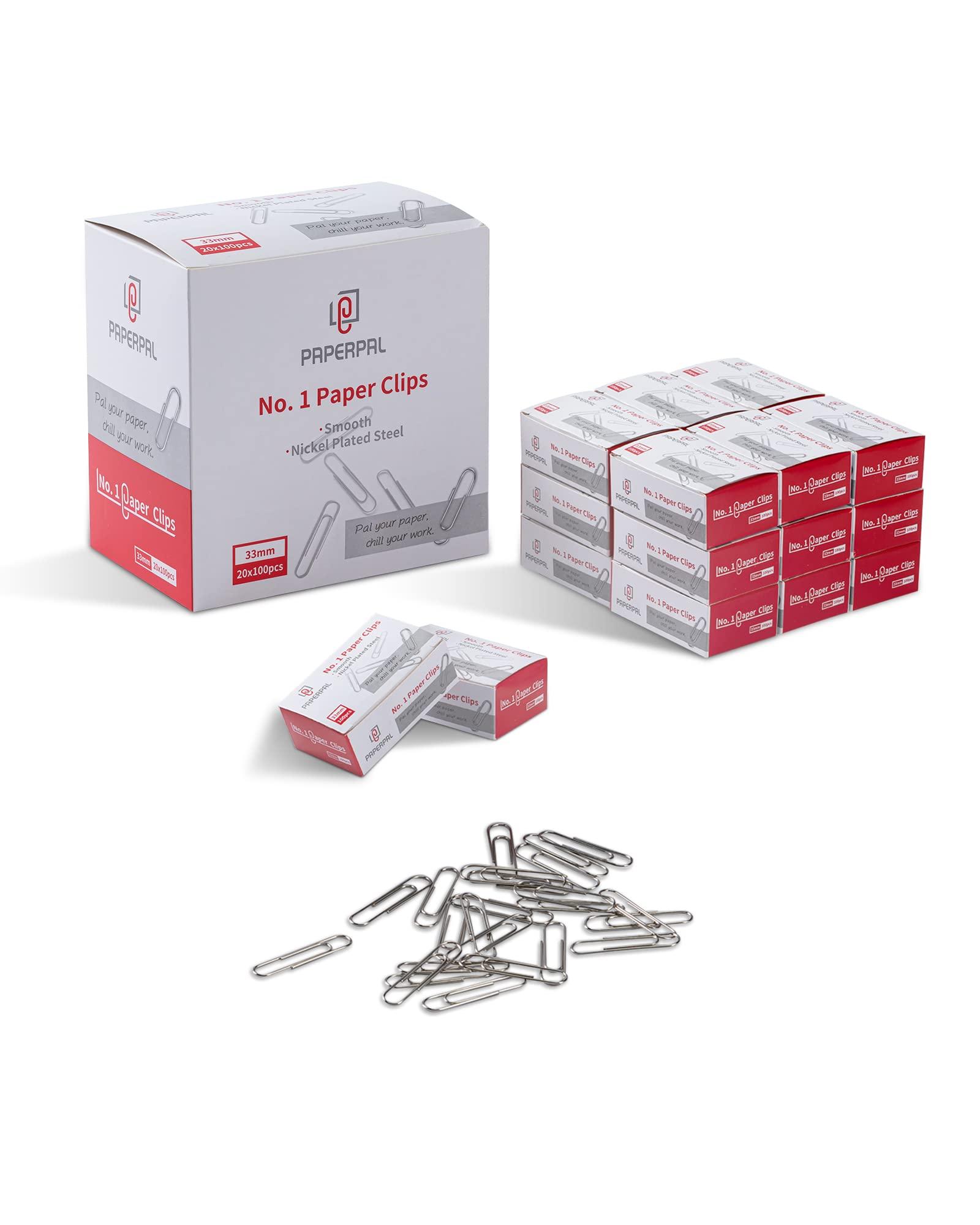 PAPERPAL #1 Smooth Paper Clips, 2000 Medium Paper Clips (20 Boxes of 100 Each), Bulk Paperclips for Office School & Personal Use, Daily DIY, 1-2/7" Silver Paper Clip Standard Size