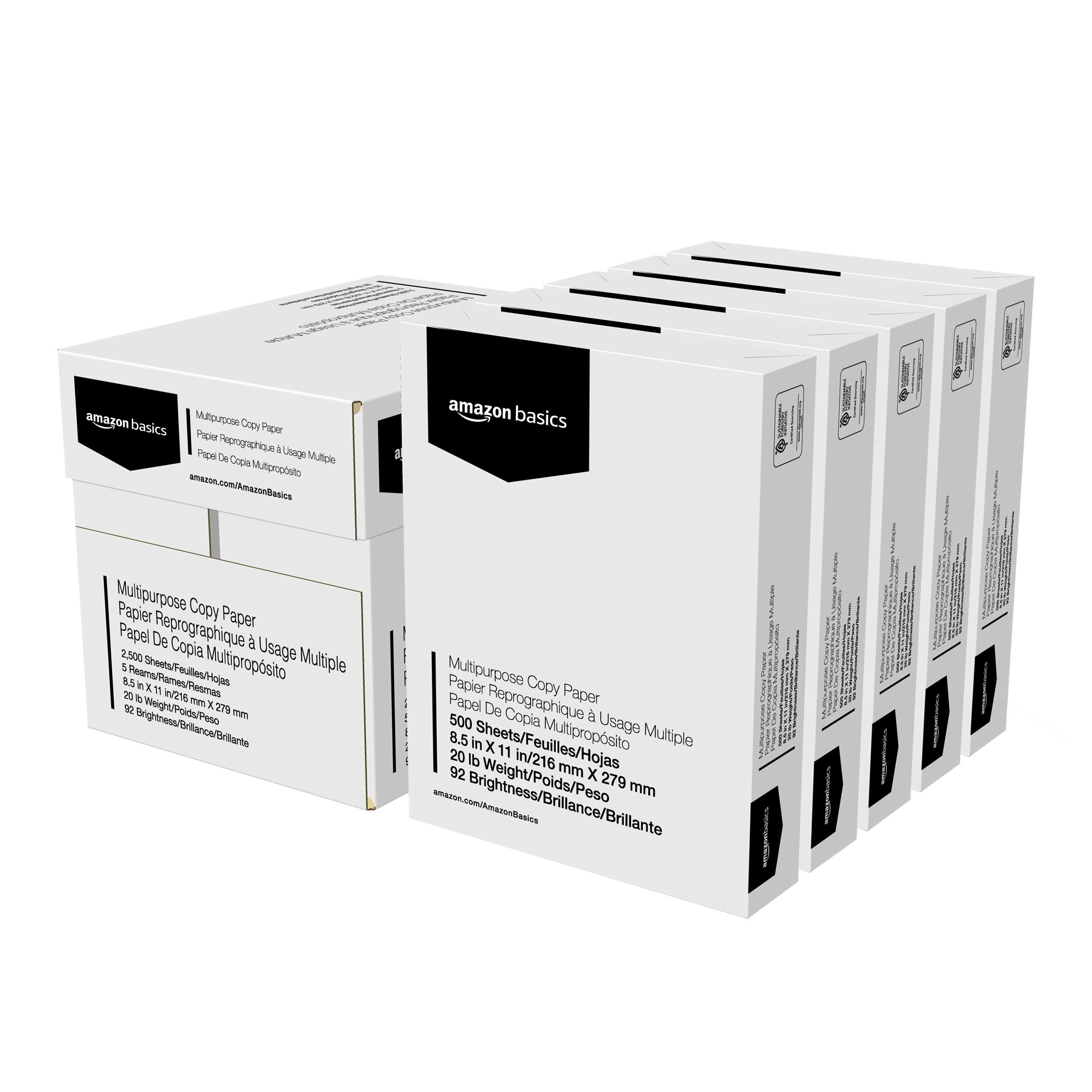 Amazon Basics Multipurpose Copy Printer Paper, 20 lb, 92 Bright, 8.5" x 11", White, 5 Reams, 2500 Sheets