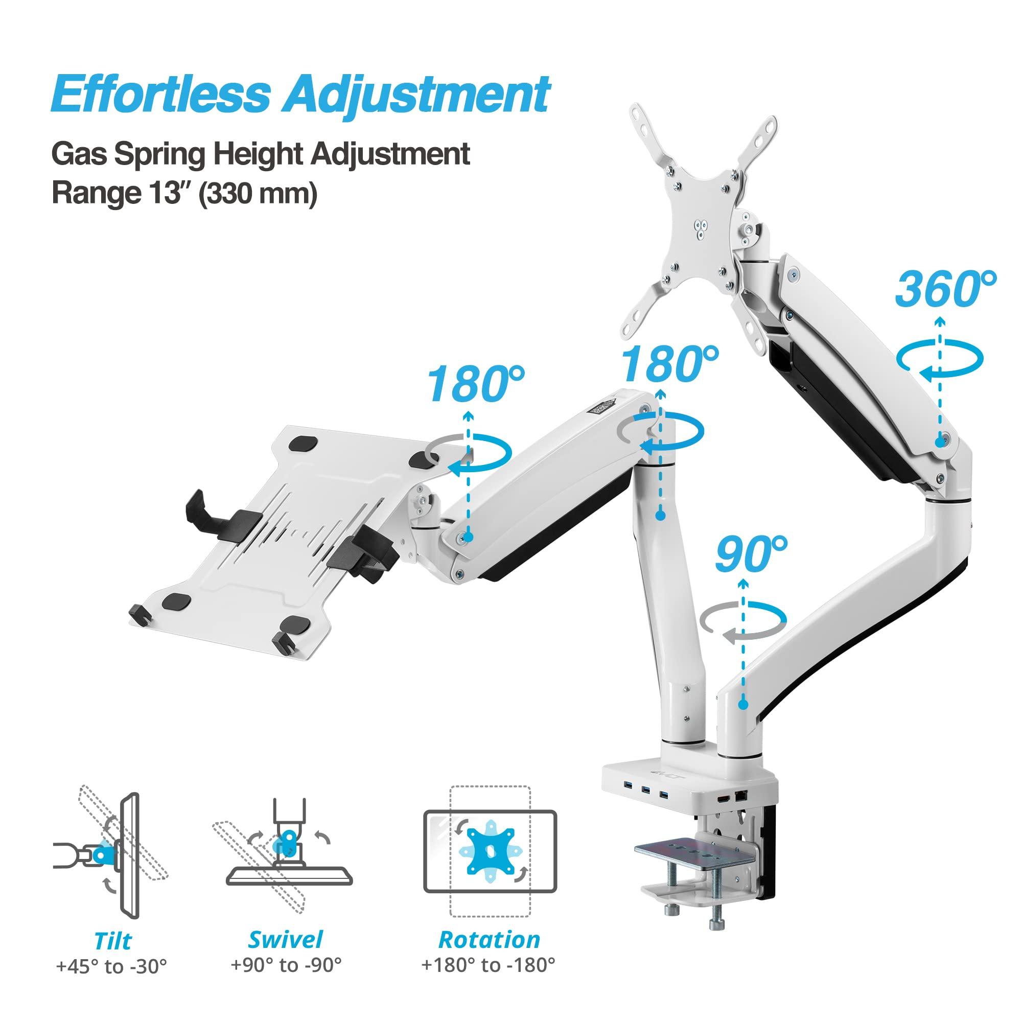 AVLT Dual 17”-43" Monitor Arm Desk Mount with 15" Laptop Tray and USB-C Docking Station, HDMI 4K60Hz, USB-A 5Gbps, Ethernet, 100W PD, Fits Two Flat/Curved Monitor - White - Image 5