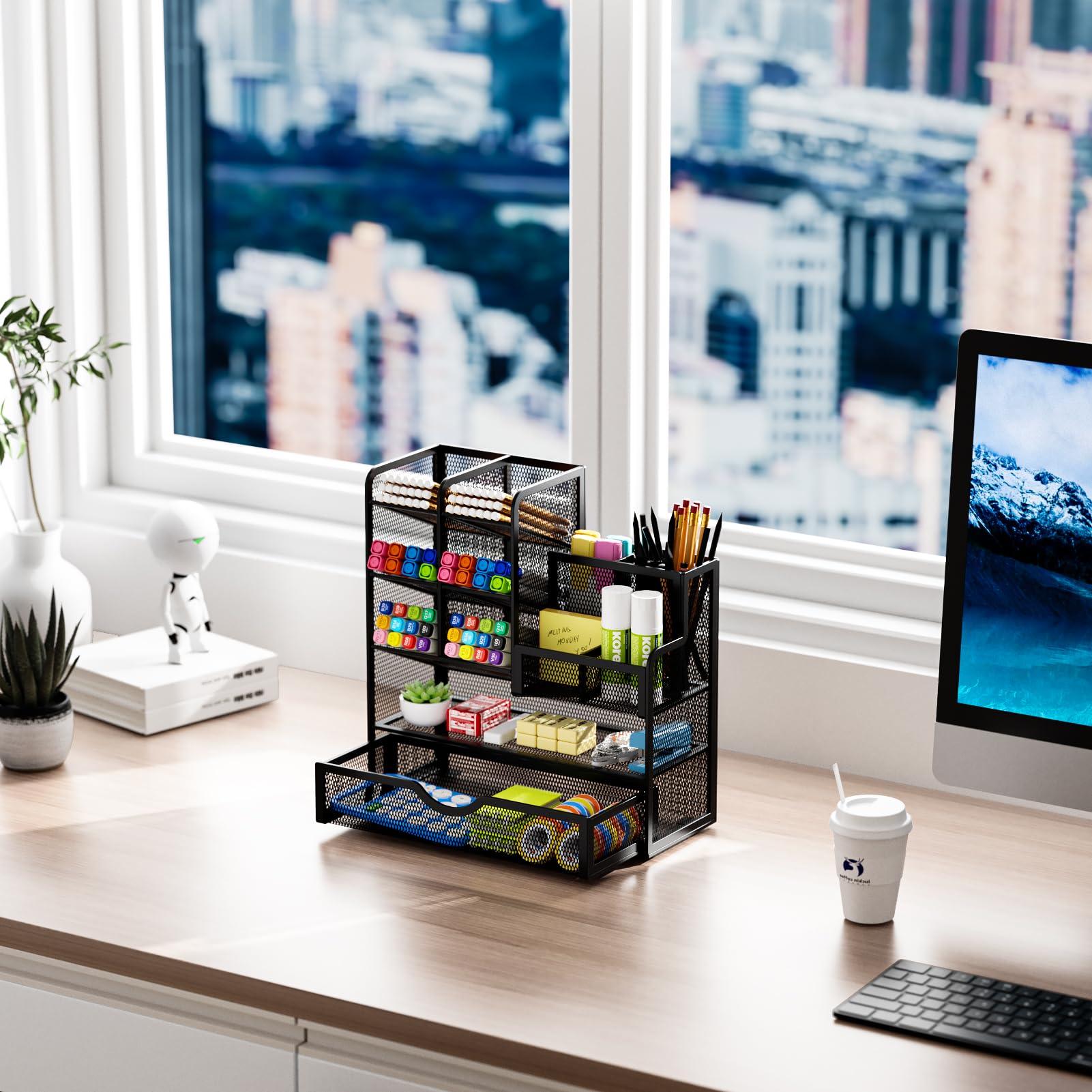 Marbrasse Mesh Pen Holder for Desk, Multi-Functional Pencil Organizer with Drawer, Desk Organizers and Accessories for Office Art Supplies (Black) - Image 2