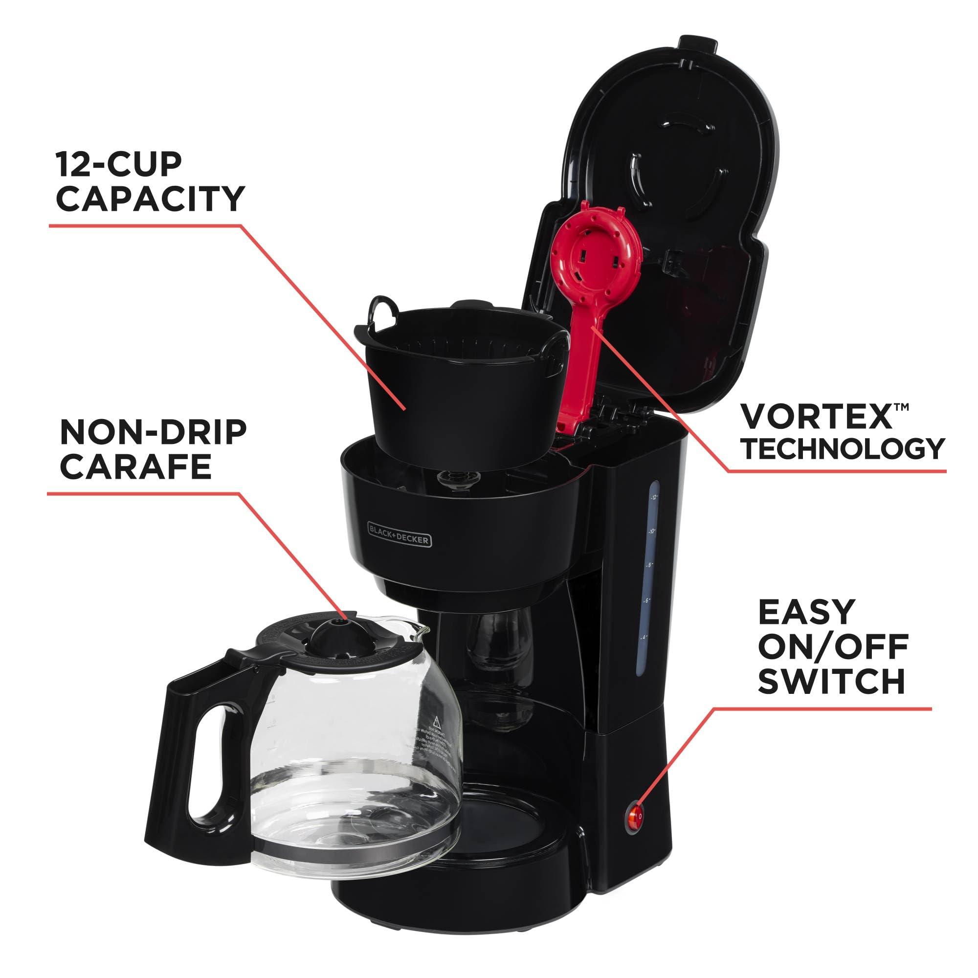 BLACK+DECKER 12-Cup Coffee Maker with Easy On/Off Switch, Easy Pour, Non-Drip Carafe with Removable Filter Basket, Vortex Technology, Black - Image 5