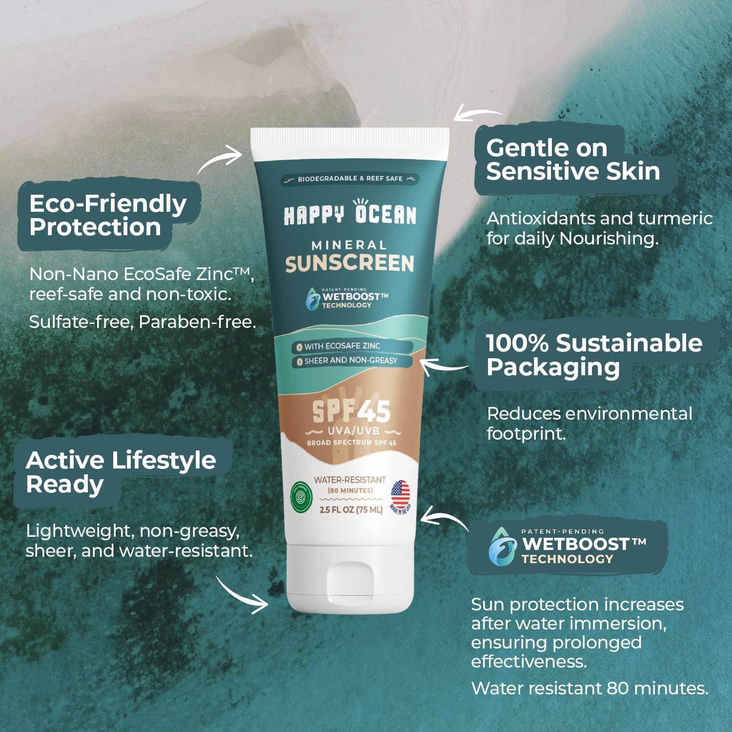 Happy Ocean SPF 45 Biodegradable Reef Safe Sunscreen for Face & Body, Non-Nano Zinc Oxide, Natural Fragrance Free Non Toxic Organic Mineral Sunscreen, Travel Size Reef Friendly Mineral Based 2.5 Fl Oz - Image 2