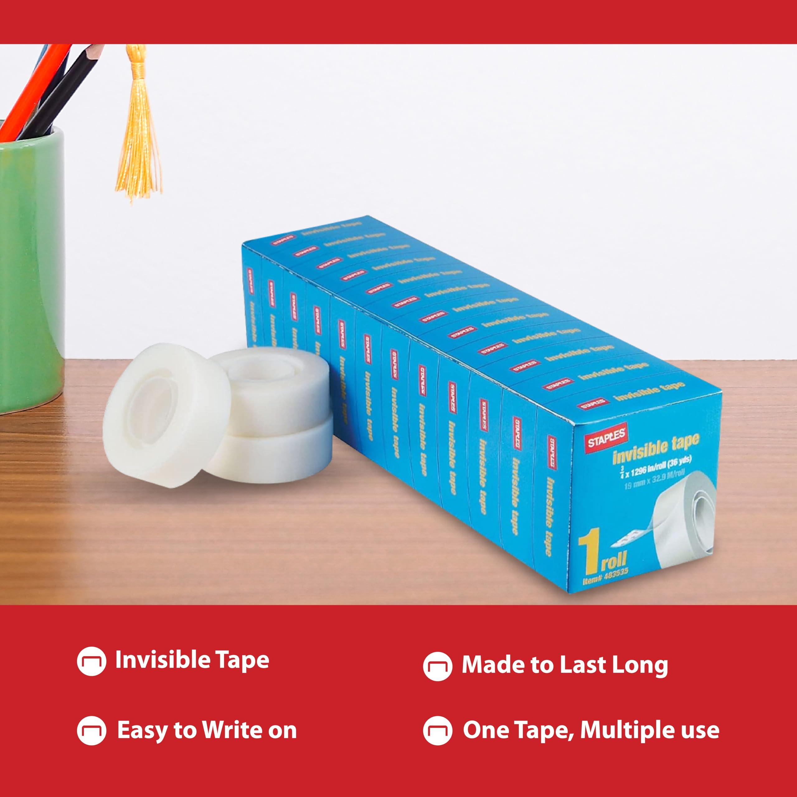 Staples Invisible Clear Tape: Easy to Stick, Strong Adhesive, Durable, 36 Yards in Length, 0.75 Inch Width, 1" Core Diameter, 12 Rolls per Pack. - Image 8
