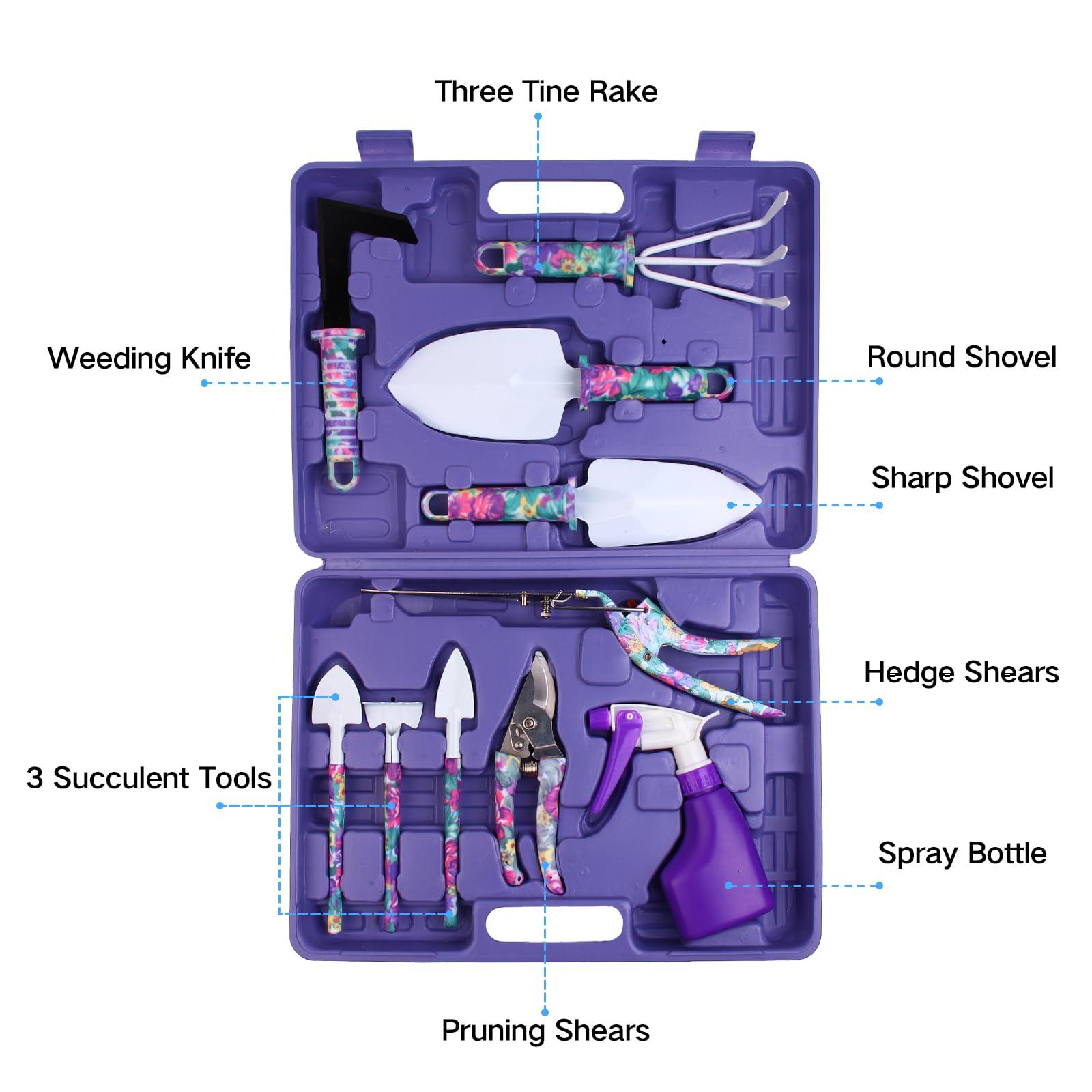 Garden Tools Set, JUMPHIGH 10 Pieces Gardening Tools with Floral Print, Ergonomic Handle Trowel Rake Weeder Pruner Shears Sprayer, Garden Hand Tools with Carrying Case Gardening Gifts for Women Father - Image 3
