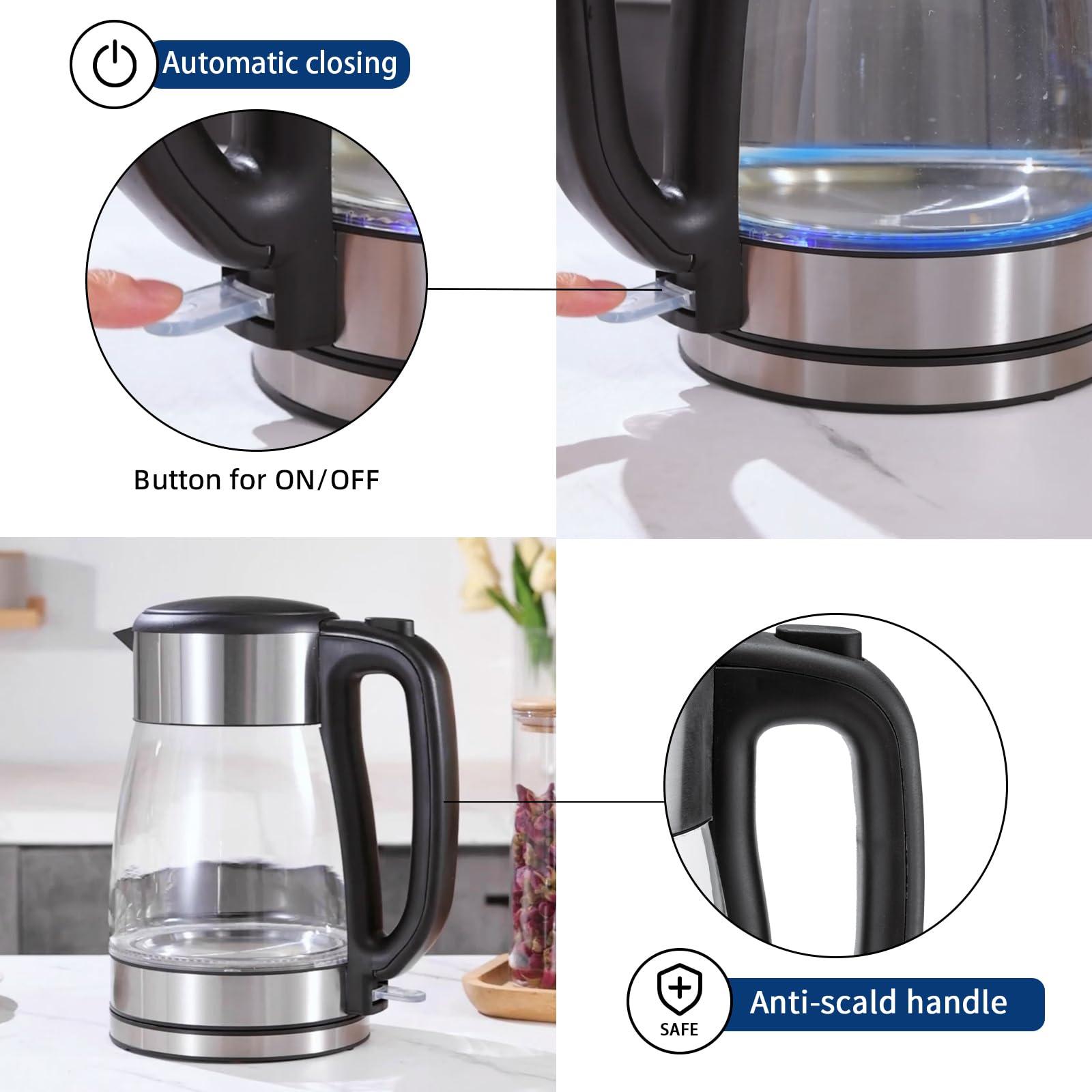 YANDEA Electric Kettle(Blue LED light), Hot Water Boiler, Auto Shut Off, Boil-Dry Protection, Upgrade lid with safety lock, Filter, BPA Free, Borosilicate Glass Electric Tea Kettle (YDK-1708（2.0L）) - Image 6