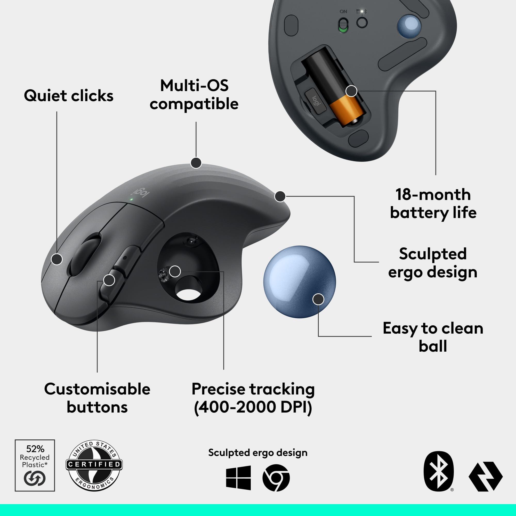 Logitech Ergo M575S Wireless Trackball Mouse, Wireless Ergonomic Mouse with Bluetooth and Encrypted Dongle, Comfortable Thumb Control, Precise and Smooth Tracking, for PC/Mac - Graphite Blue Ball - Image 6