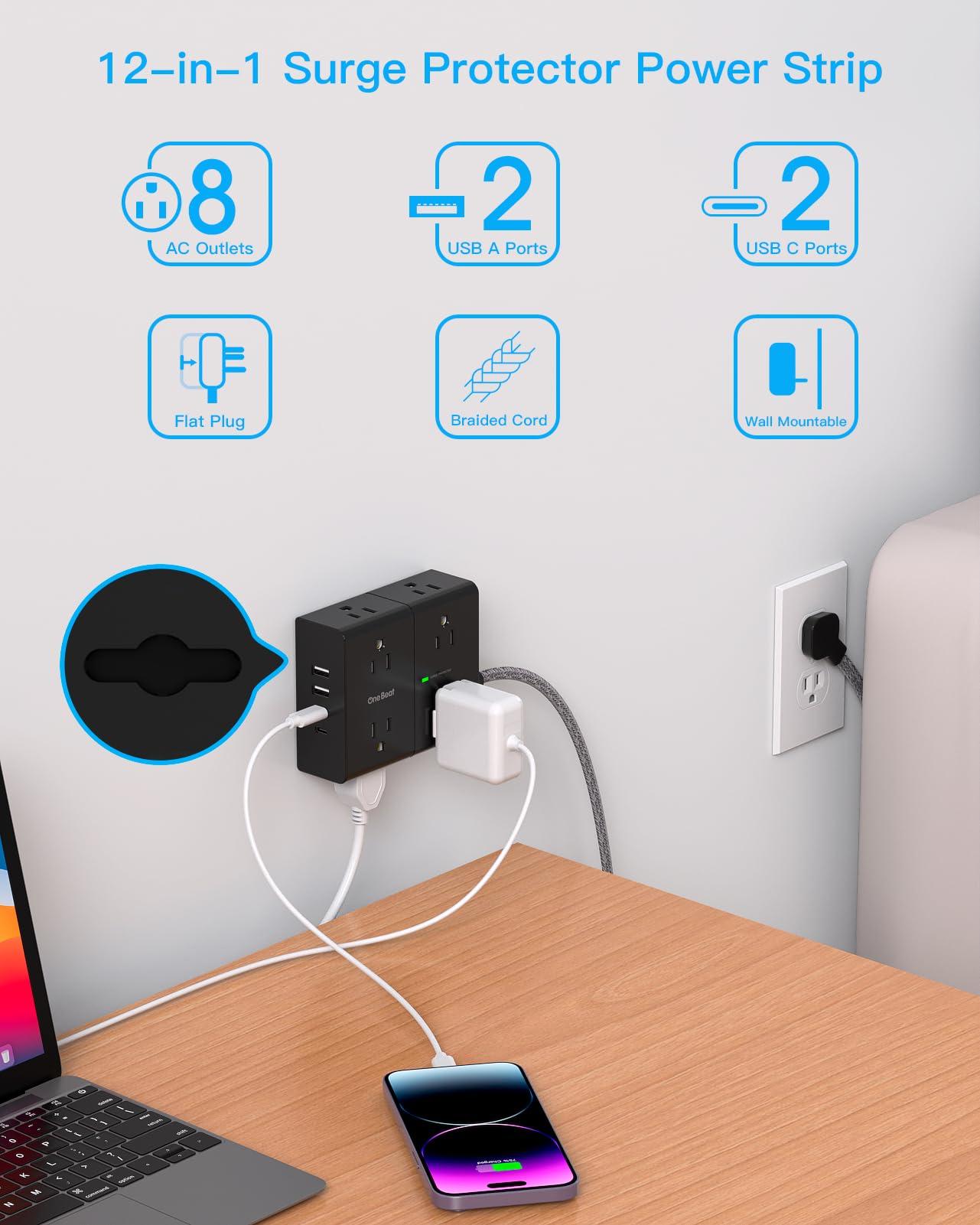 Surge Protector Power Strip 25 Ft Cord, Ultra Thin Flat Extension Cord with 8 Outlets 4 USB Ports(2 USB C), Flat Plug Power Strip, 25 Ft Long Braided Power Cord for College Dorm Room Essentials-BK - Image 3