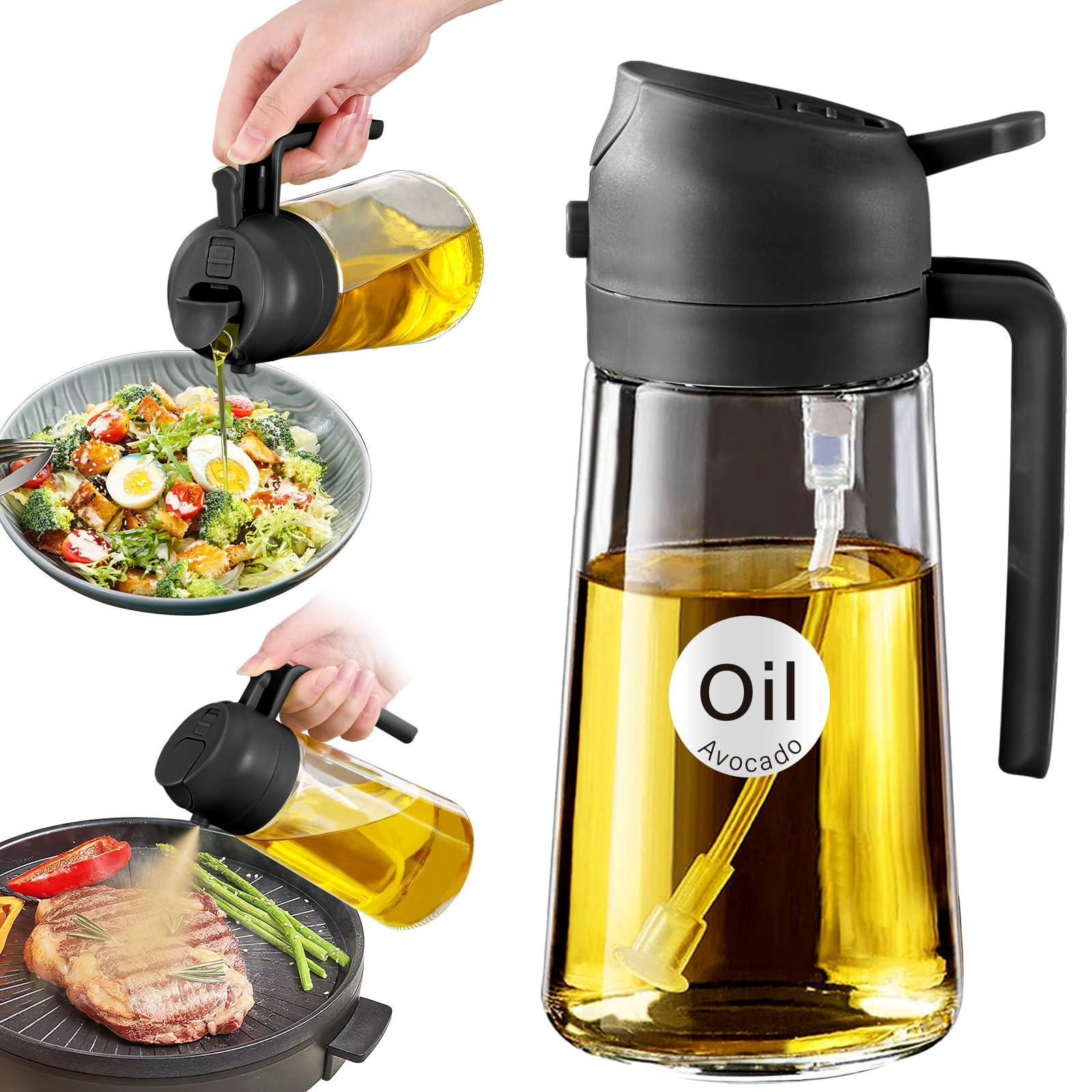 YRRAMATE 16oz/470ml Glass Olive Oil Sprayer for Cooking with Stickers, 2 in 1 Oil Dispenser for Kitchen Gadgets, Food Grade Premium Spray Bottle with Portion Control for Salad, Frying, BBQ (Black)