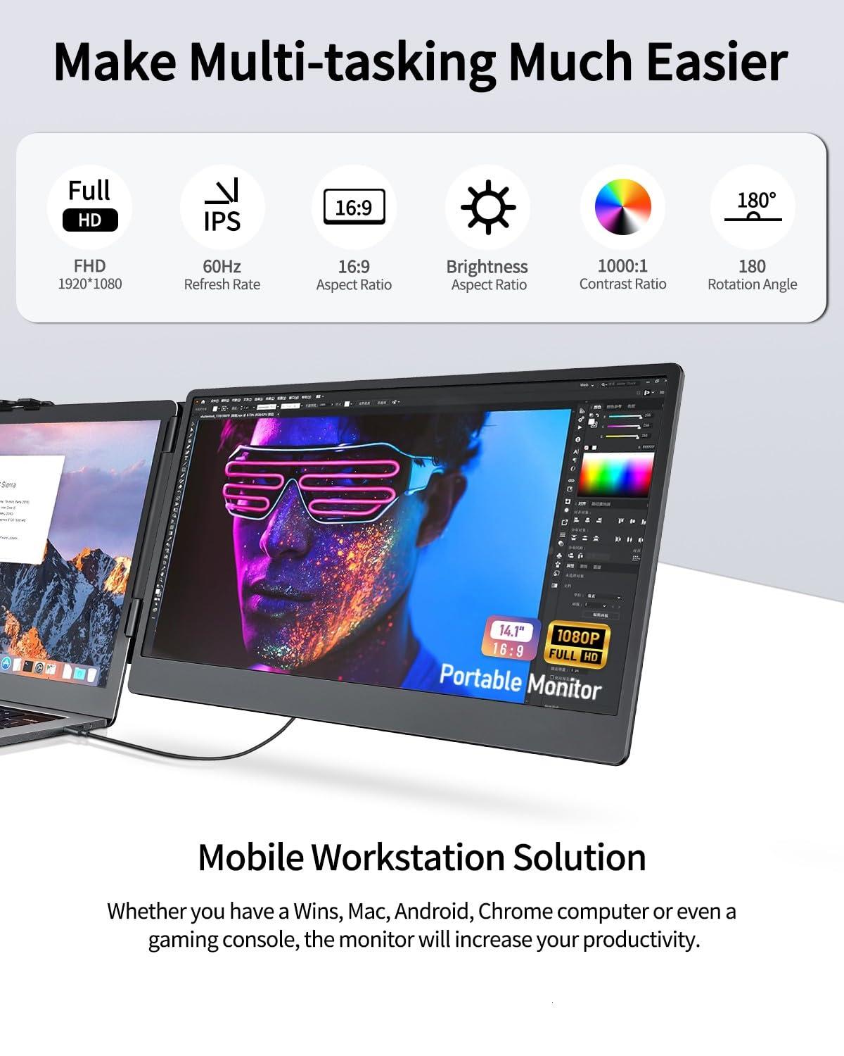 Macsecor 14.1'' Laptop Screen Extender, 1080P FHD Portable Monitor for Laptop USB C HDMI, Plug-Play Laptop Monitor Extender for 13'' -17.3'' Laptops, Compatible for Mac/Wins/Android/Switch - Image 2