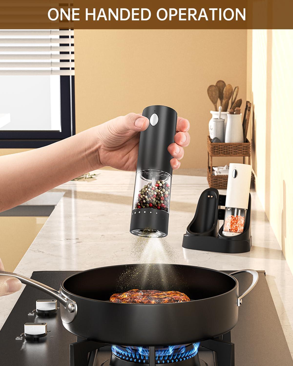 CIRCLE JOY Electric Salt and Pepper Grinder Set Automatic Salt and Pepper Grinder Set with Charging Base and White LED Light, Adjustable Coarseness, USB Rechargeable, Washable Container, White & Black - Image 5