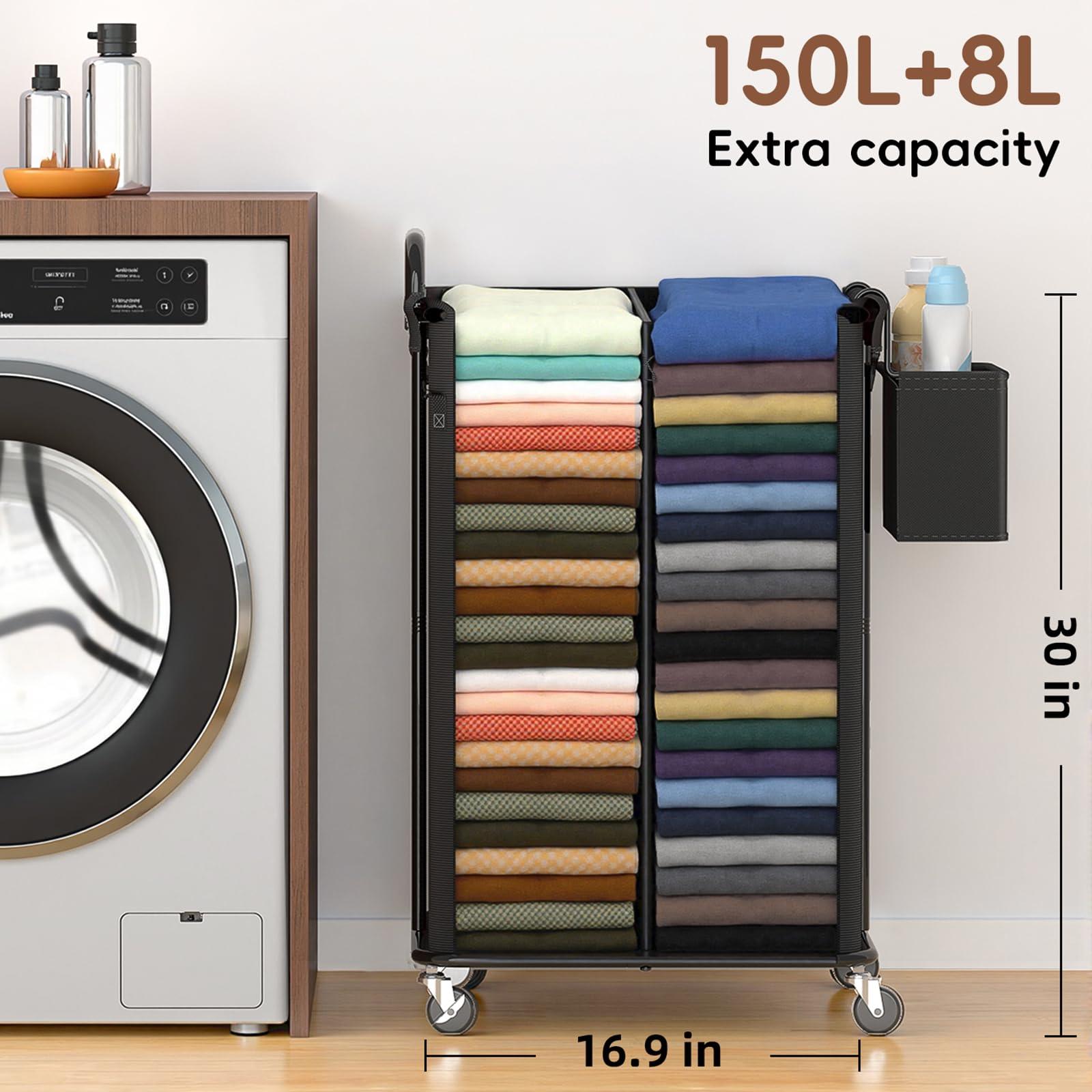 VOZZYOTO 150L Rolling Laundry Hampers on Wheels, 3 Section Laundry Basket with wheels with Side Bag for Dirty Clothes, Dorm Room Organization - Image 3