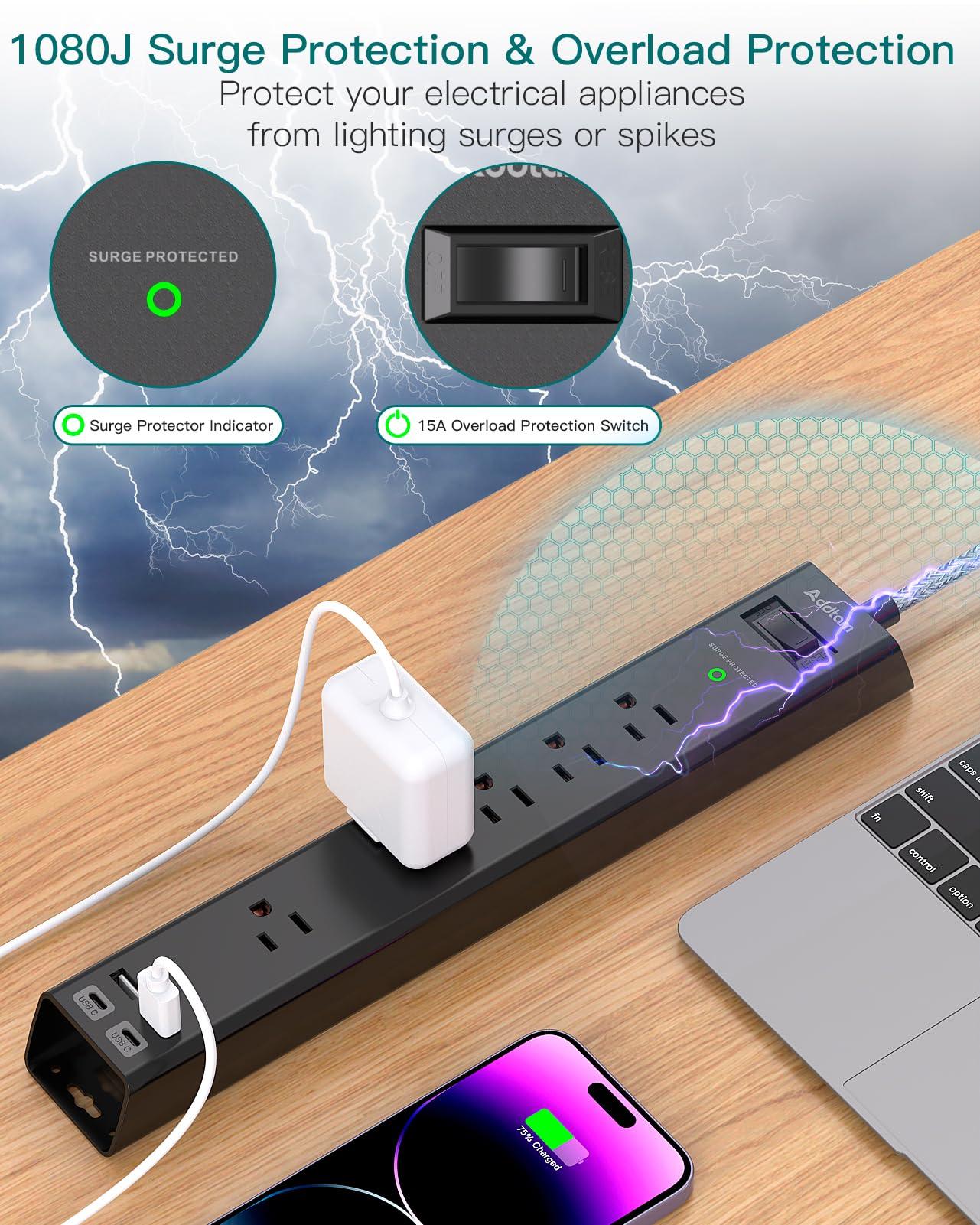 2 Pack Power Strip Surge Protector - 6Ft Extension Cord with 5 Widely Outlets 4 USB (2 USB C) Port, 1875W/15A, Wall Mount, Flat Plug, Desk Charging Station for Home Office College Dorm Room Essentials - Image 4