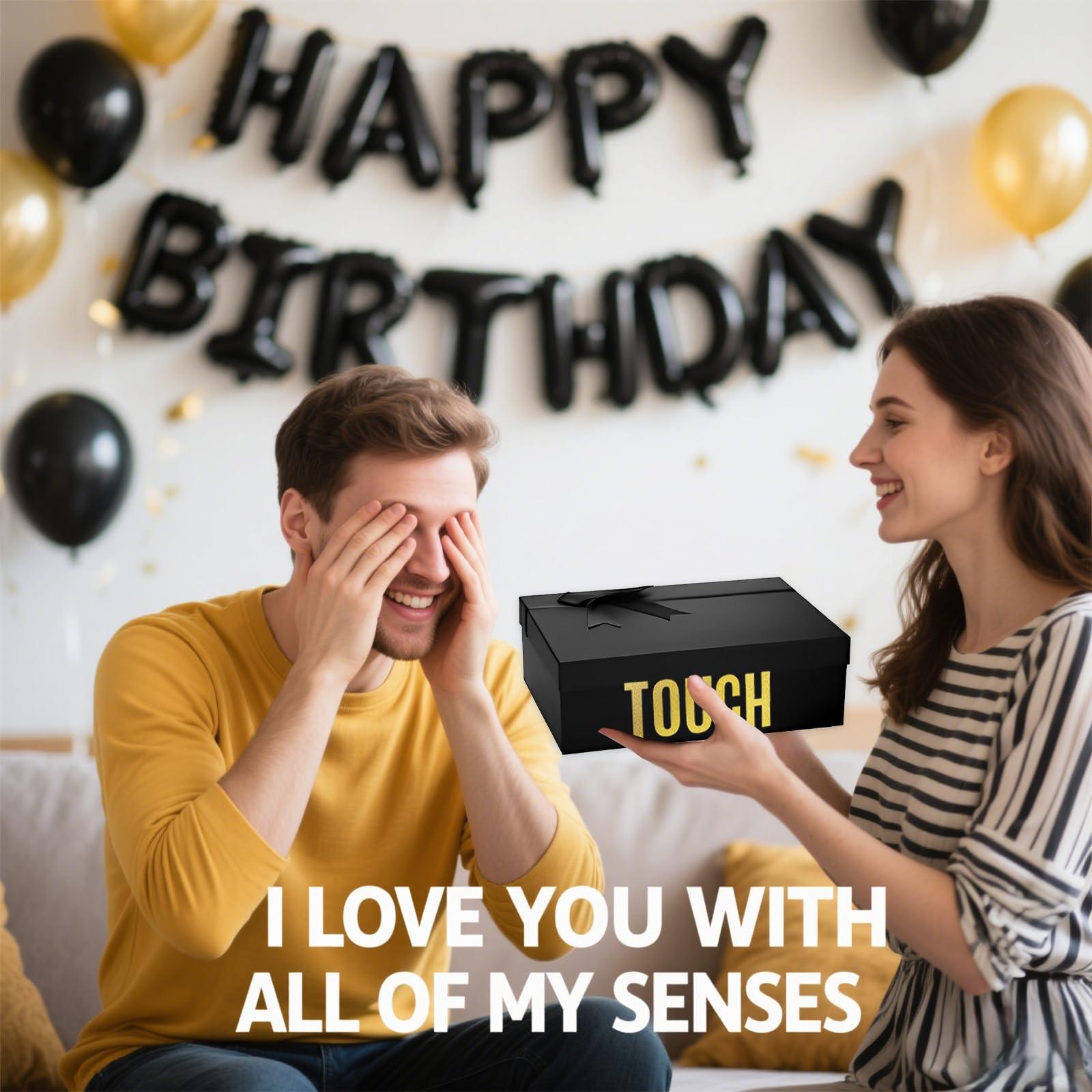 YIXAXKAO 5 Senses Gift Boxes for Him Five Senses Gift Birthday Decorations Black Nesting Gift Boxes With Lids Happy Birthday Banner Balloon for Husband Boyfriend (Black gold) - Image 7