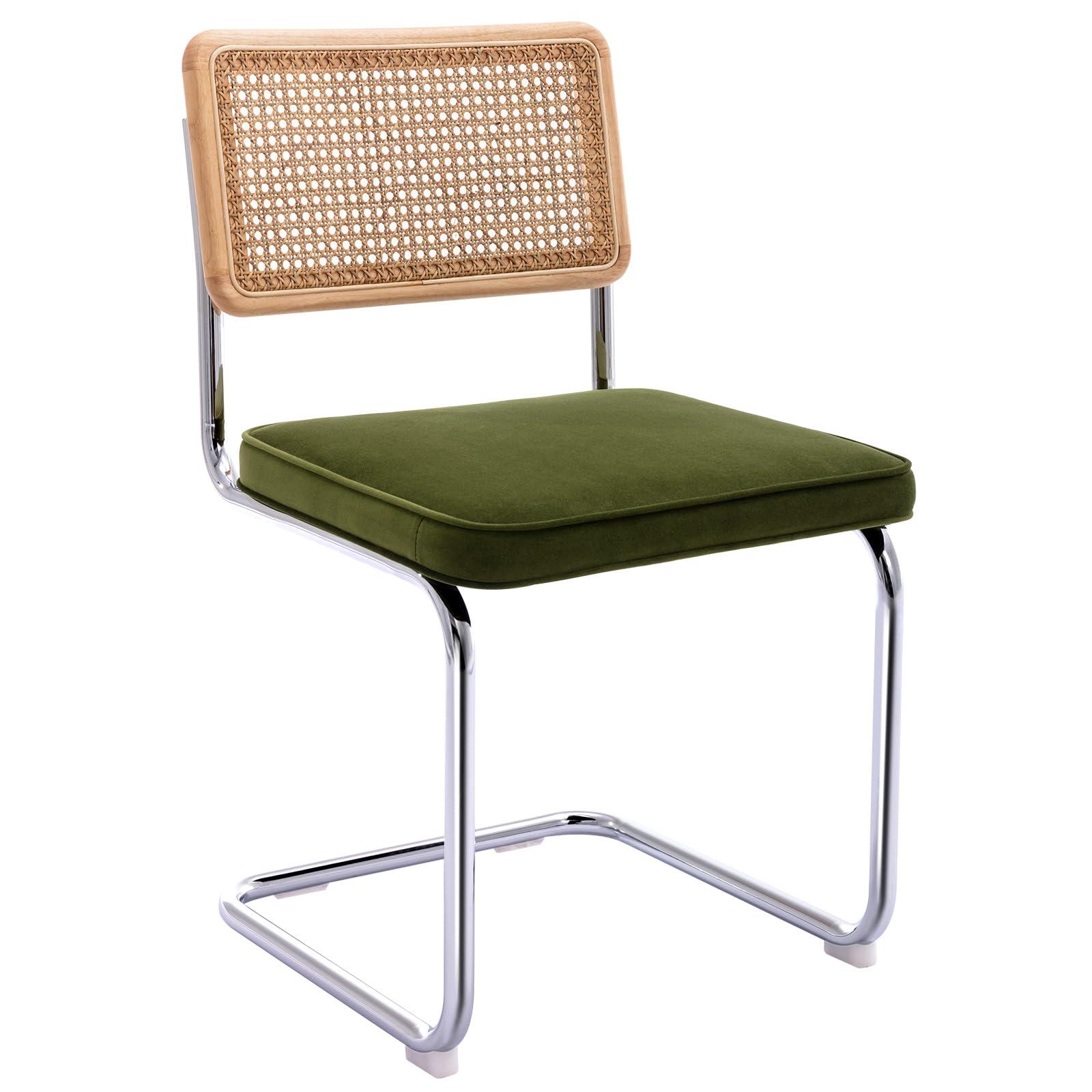 Zesthouse Natural Rattan Dining Chairs Set of 2, Modern Boho Kitchen Chairs with Solid Wood Back & Chrome Base, Mid Century Breuer Design Inspired, Upholstered Velvet Fabric, Green - Image 9