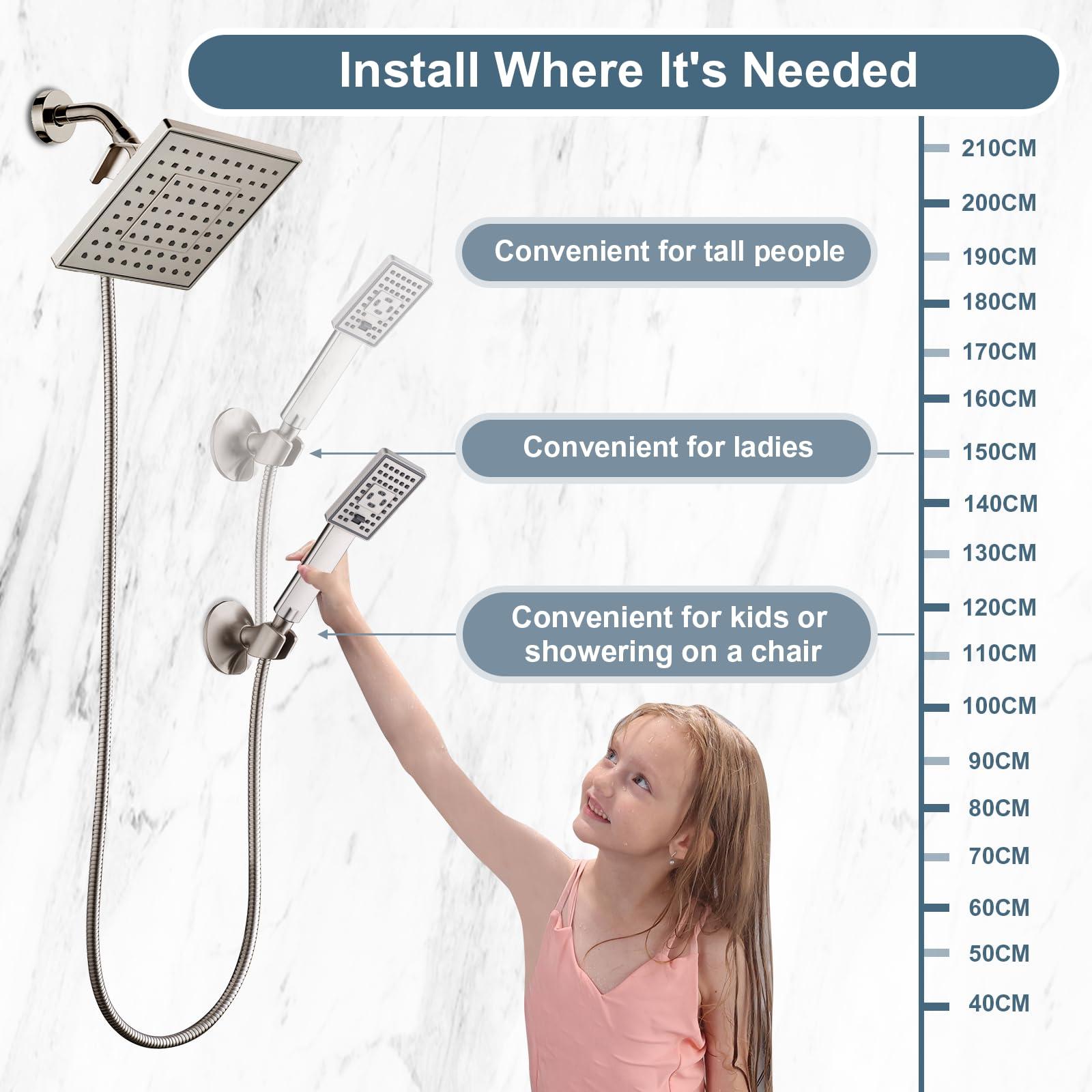 BRIGHT SHOWERS Rain Shower Head with Handheld Spray, 8 Inch Rainfall Shower Head Combo with 60" Hose, Adjustable Dual Square Showerhead Set with 3-Way Diverter, Wall Bracket, Brushed Nickel - Image 5