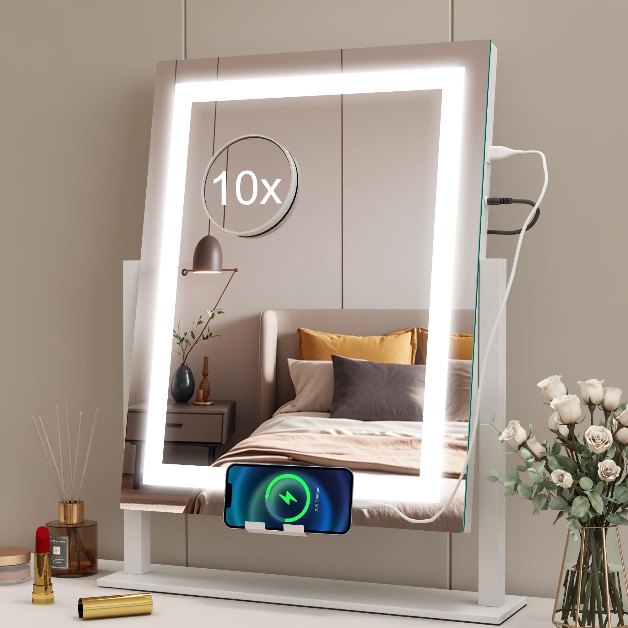 STARLEAD 16" x 12" Makeup Mirror with Lights and 10X Magnification, 3-Color Dimmable LED Lighting & Touch Control for Travel/Dressing Room