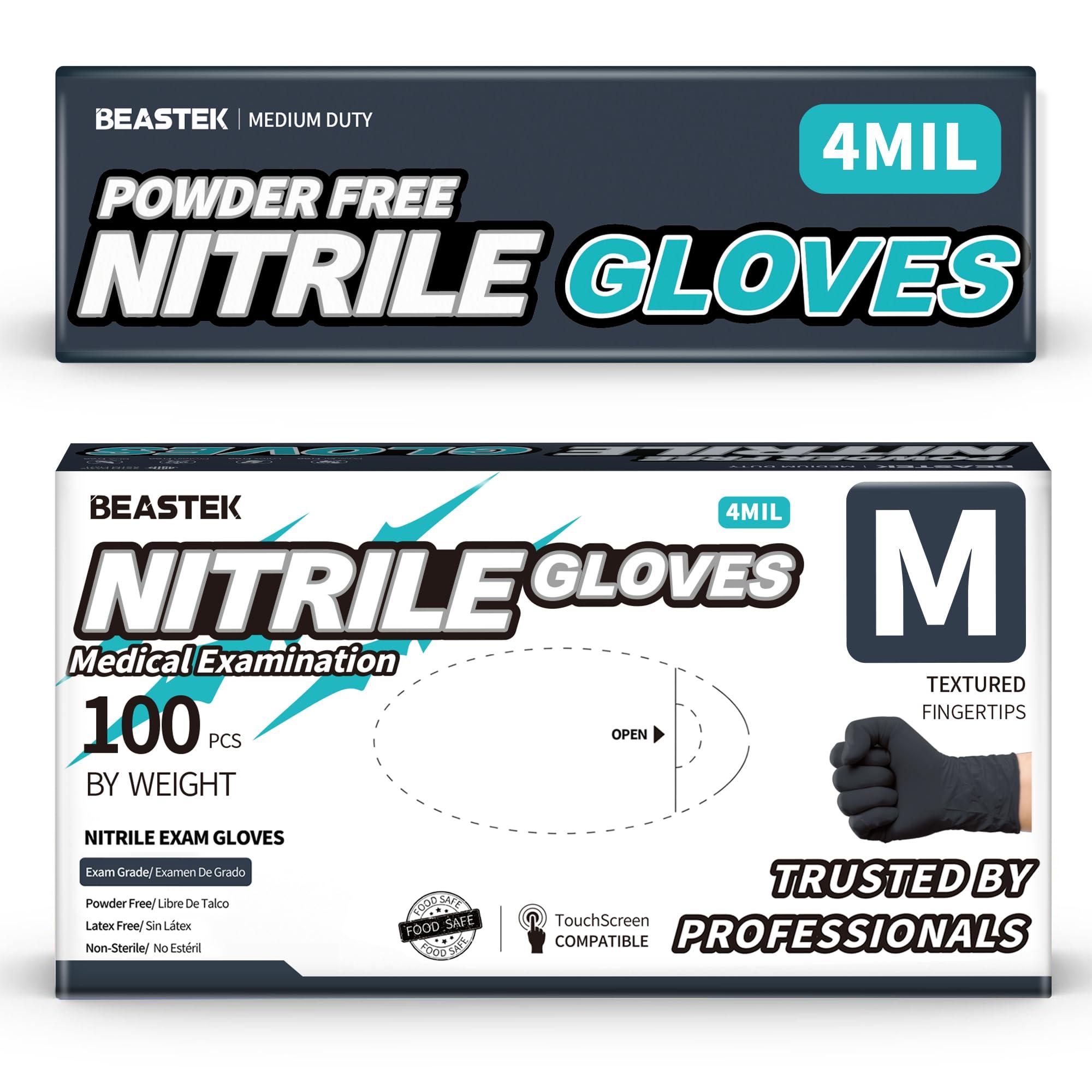 Beastek Nitrile Exam Gloves, 4.0 Mil, 100 Pcs Black Disposable Gloves Powder-Free Latex-Free for Medical, Cooking, Food-Safe
