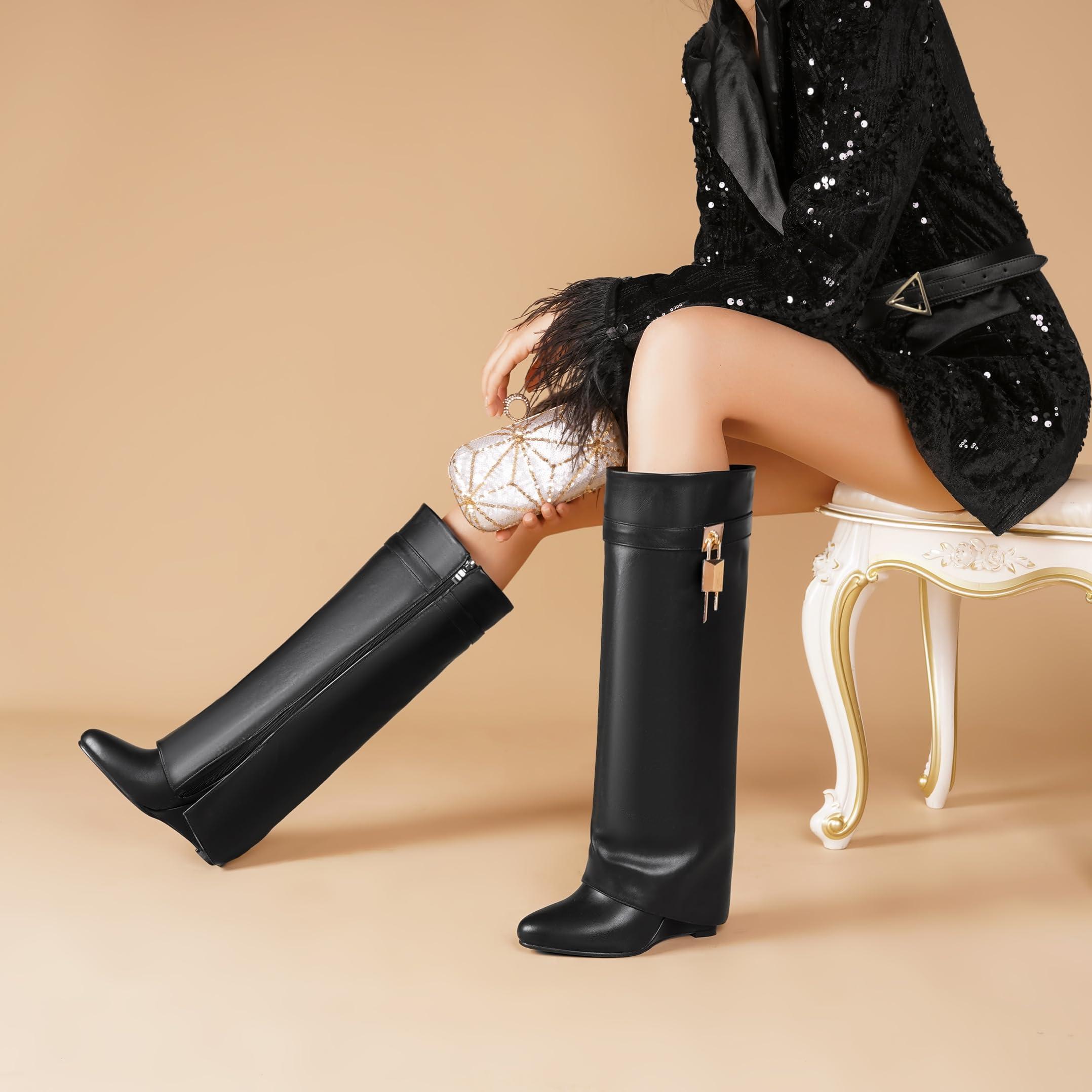 CDHYX Fold Over Boots for Women Pointy Pull-on Wedge Heel Knee Shark Boot With Side Zipper Padlock Design - Image 2