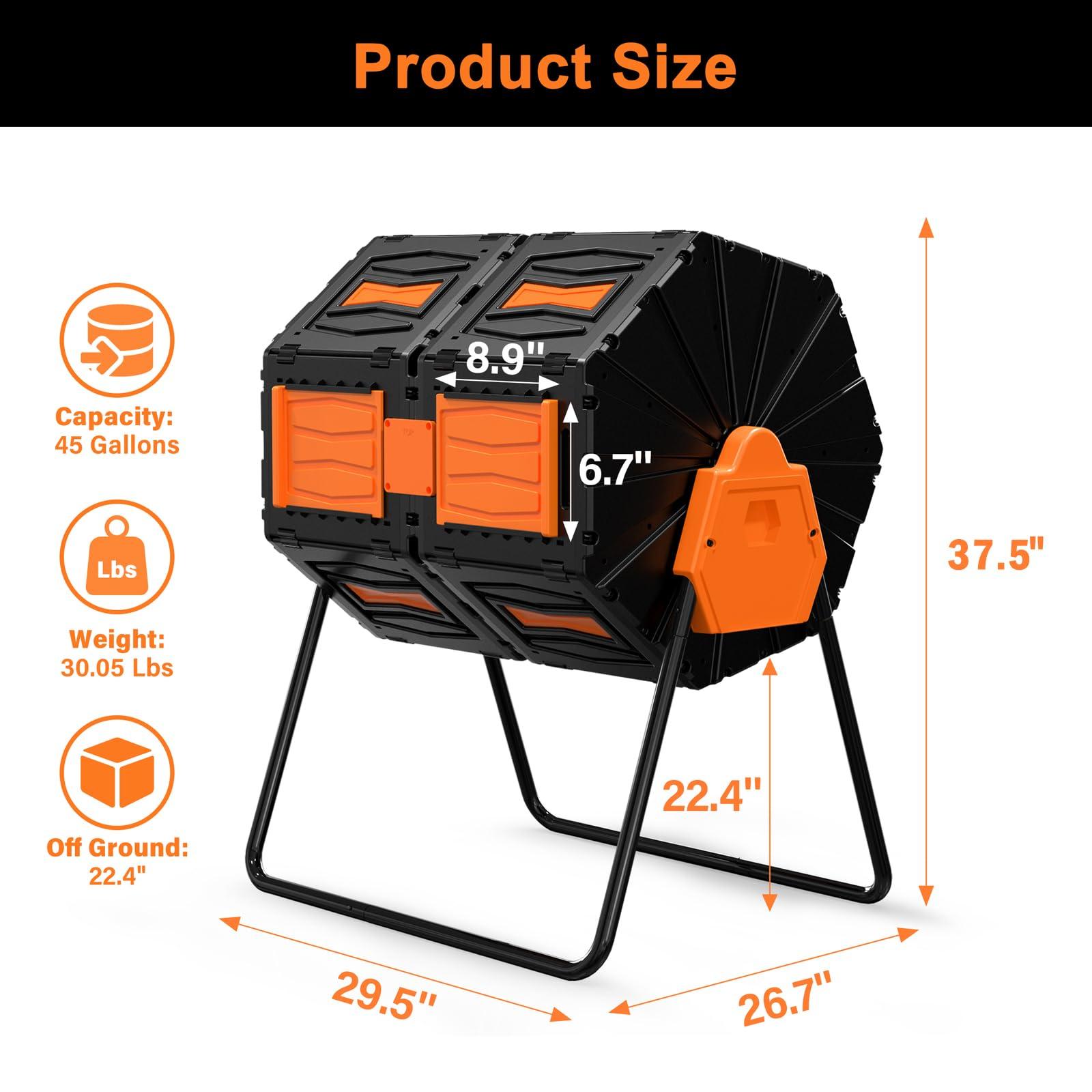 Compost Tumbler, Easy Assemble & Efficient Outdoor Compost Bin, 45 Gallon/170 Liter Large Dual Chamber Rotating Composter for Garden, Kitchen, and Yard Waste, Orange Door - Image 2