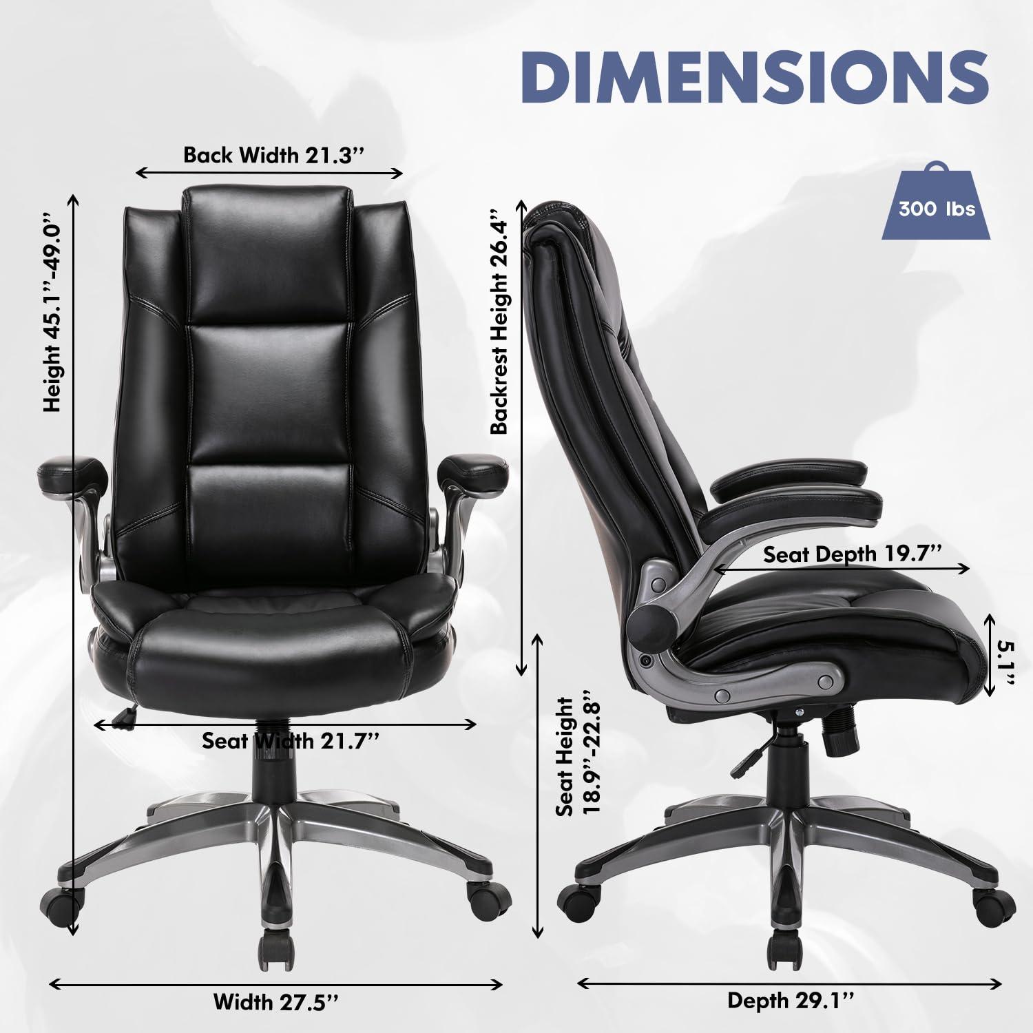 COLAMY Leather Executive Office Chair - High Back Home Computer Desk Chair with Padded Flip-up Arms, Adjustable Tilt Lock, Swivel Rolling Ergonomic Chair for Adult Working Study, Black - Image 3