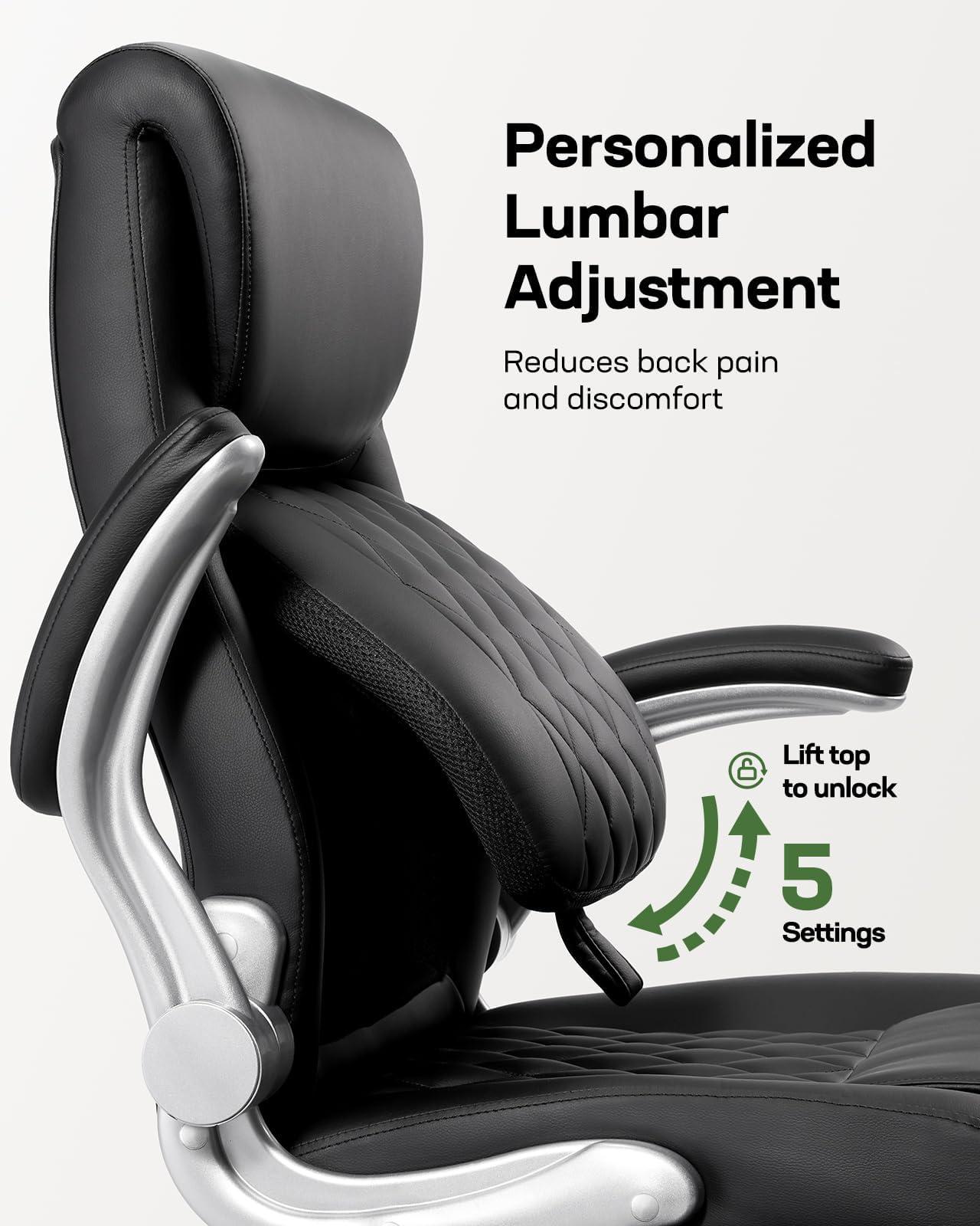 Marsail Ergonomic PU-Leather Office Chair: 5 Settings Lumbar Support, Executive Office Chair Height Adjustable with Padded Flip-up Arms, Executive Desk Chair for Working Study-Black - Image 4