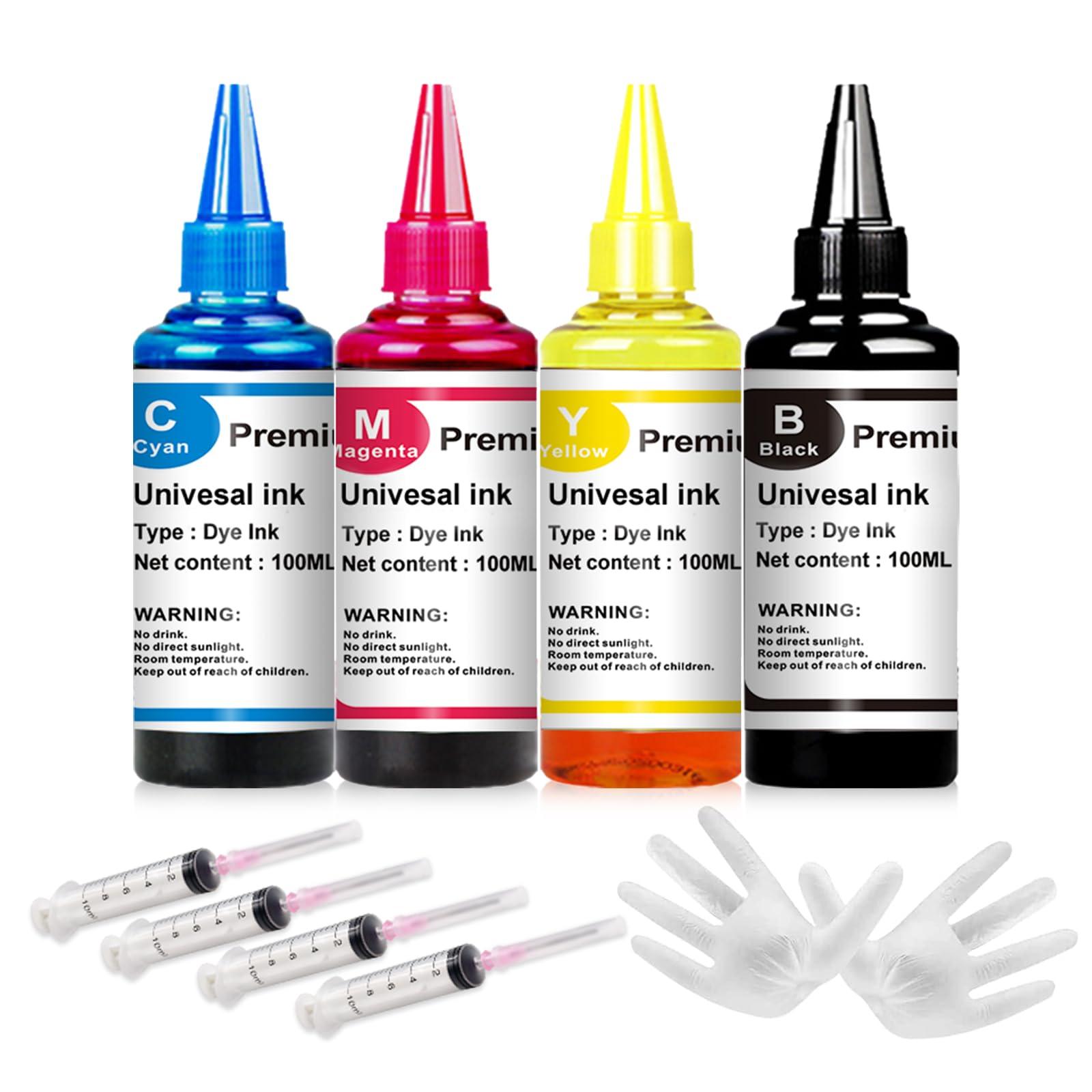 Universal Ink Refills Kit Dye Ink Refill Kit Compatible for HP Canon Epn Brother Samsung Dell Kodak Inkjet Printers Compatible Cartridges Refillable Cartridge CISS CIS System 4 Color Set