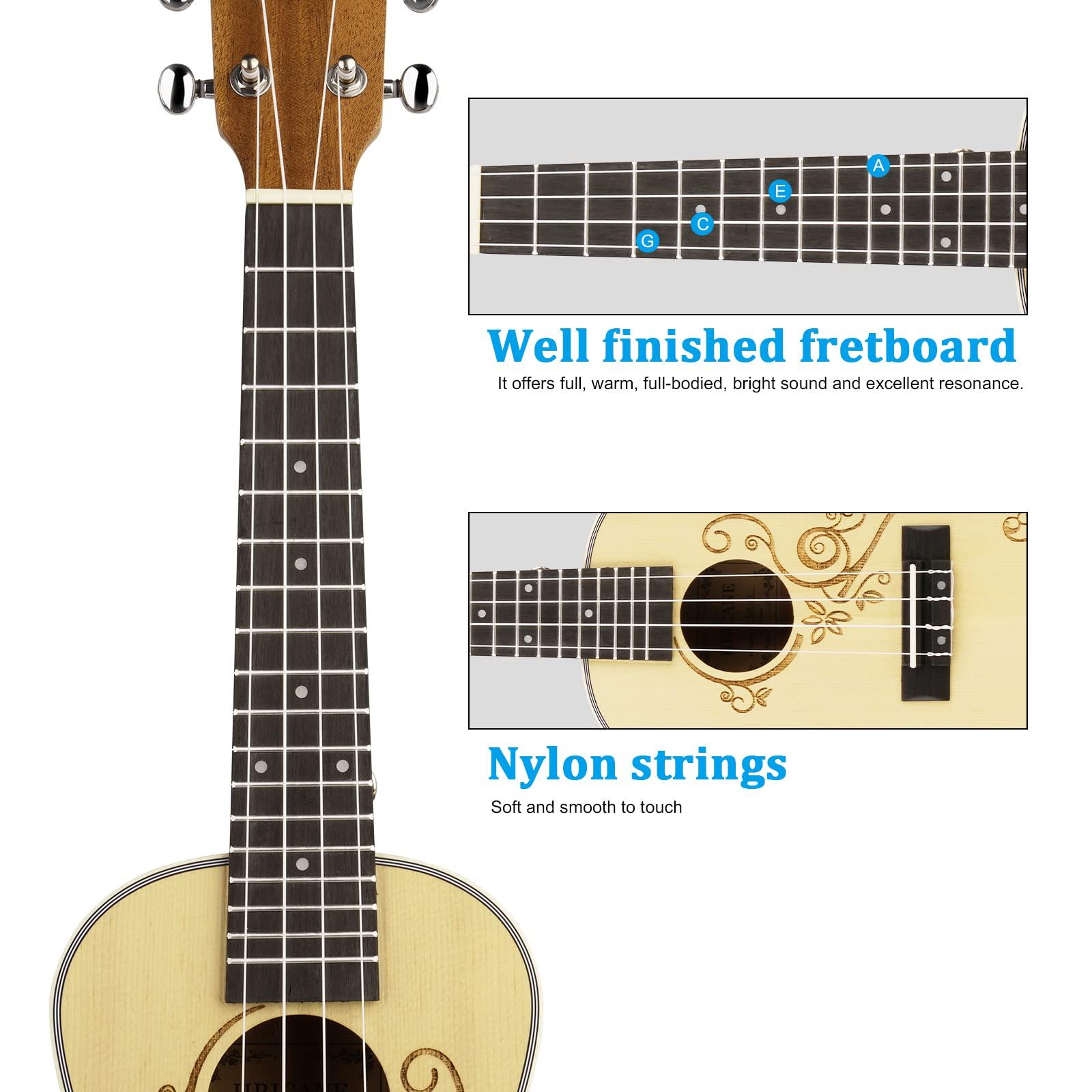 Hricane Concert Ukulele 23 Inch Spruce Flower Top Sapele Professional Ukuleles for Beginners with Bag, Digital Tuner, Strap, 4 Strings Set, Pick, Cleaning Cloth - Image 5