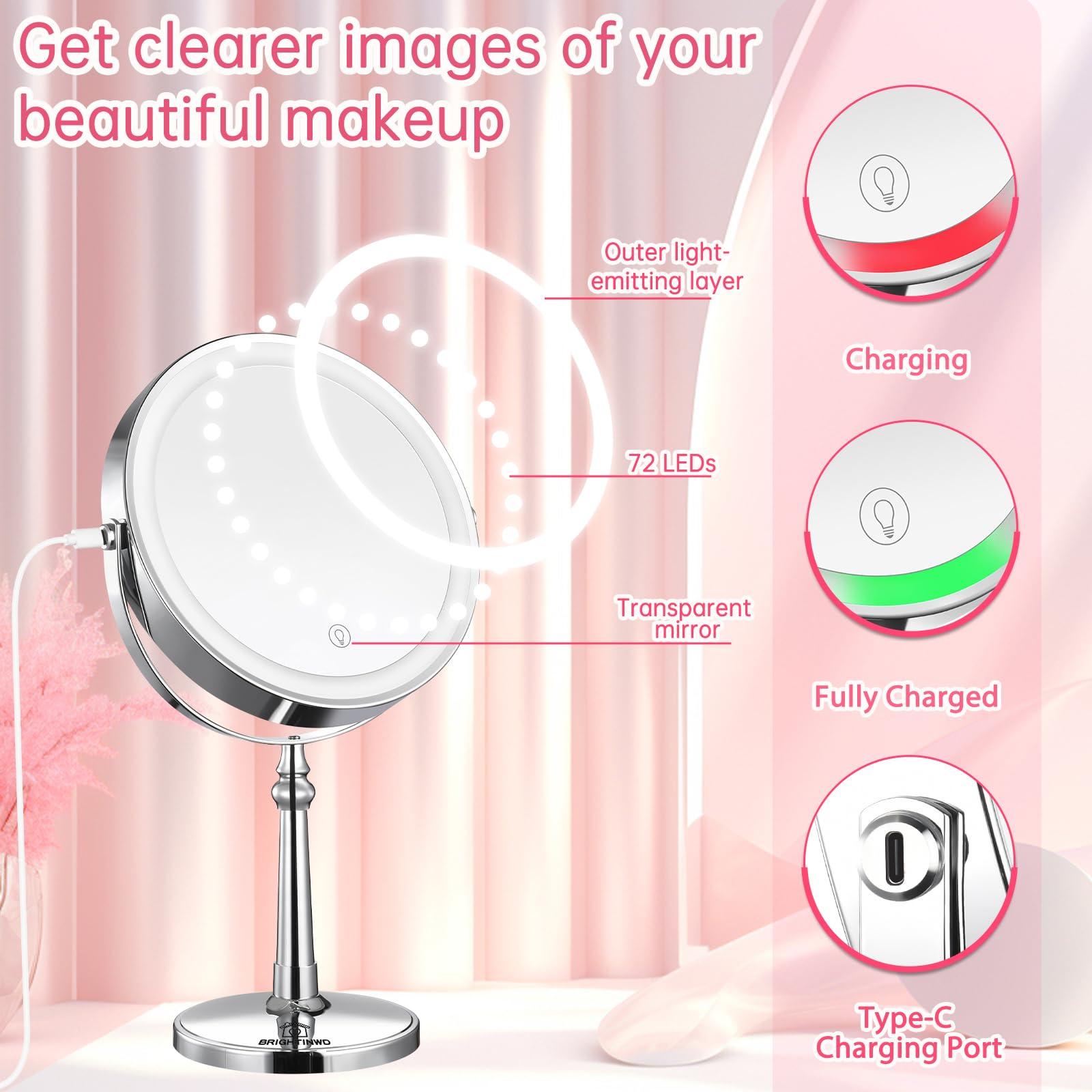 BRIGHTINWD 9" Large Lighted Makeup Mirror, 1X/10X Magnifying Mirror with Lights, 360 Rotate Touch Screen Vanity Light up Mirror with 3 Color Lights, Brightness Adjustable - Image 5