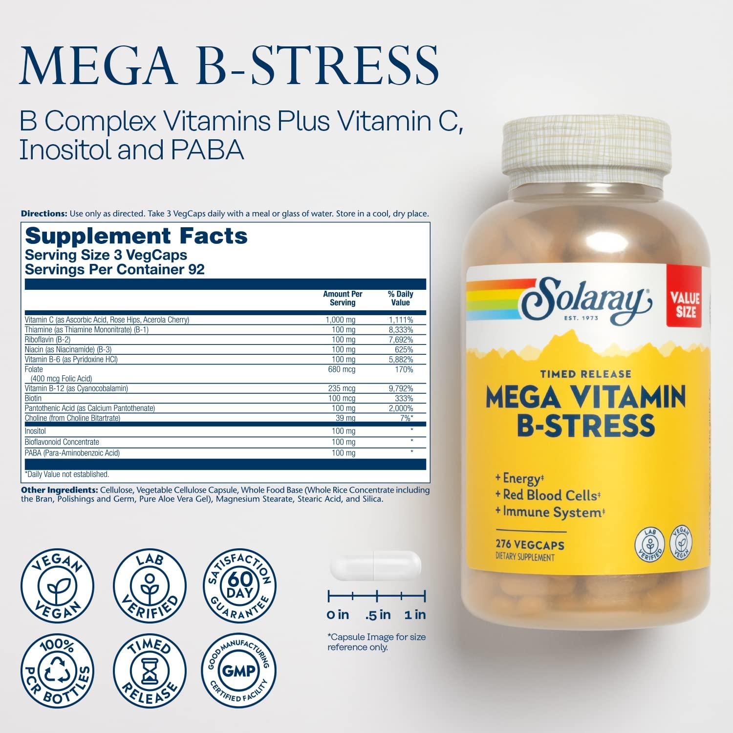 SOLARAY Mega Vitamin B-Stress - Timed Release Vitamin B Complex w/Vitamin B12, B6, Folic Acid, VIT. C - Stress, Energy, Red Blood Cell, Immune Support - Vegan, 60-Day Guarantee (276 CT) - Image 2
