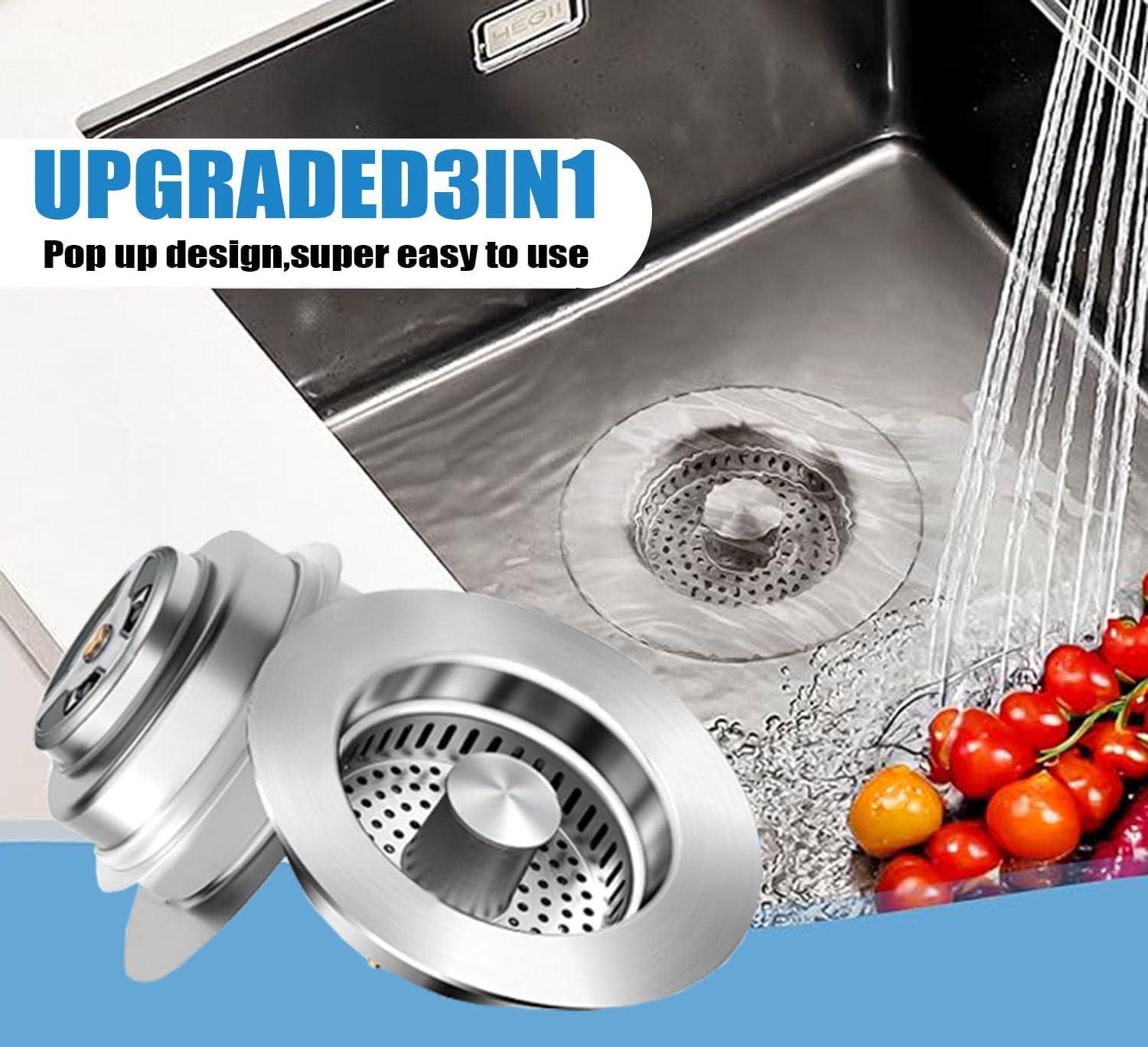 3 in1 Kitchen Sink Drain Strainer, 10,000 Press Test 304 Stainless Steel & Brass Material Pop-up Sink Stopper with Metal Basket Strainer Fast Drain Strainer for US Standard 3-1/2 in Kitchen Drain - Image 5