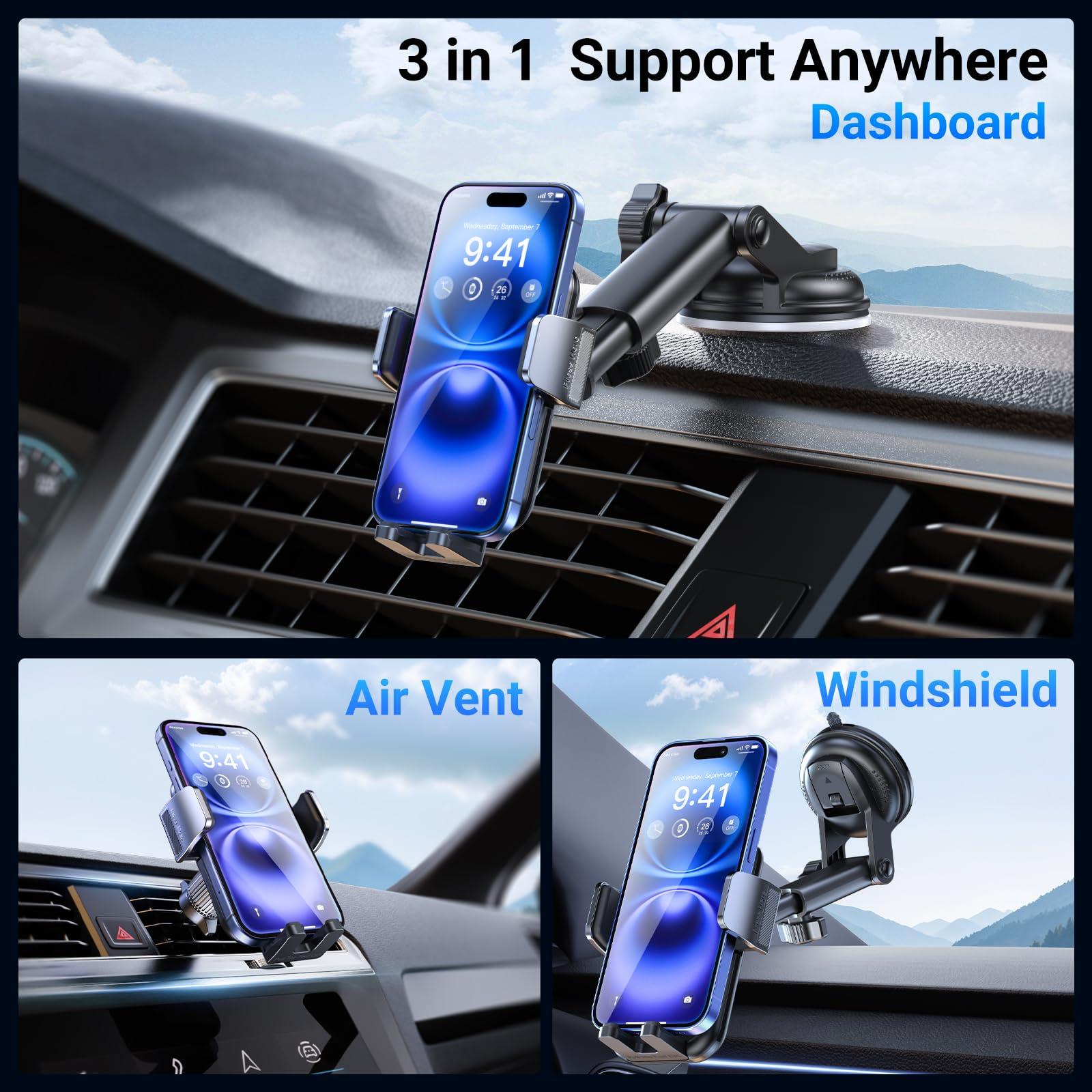 3-in-1 Car Phone Holder [122+LBS Strongest Suction & Stable Clamp Arm] 360° Adjustable Car Phone Mount, Cell Phone Holders for Your Car for Dashboard Vent, All Smartphones & Car Models (Black) - Image 2