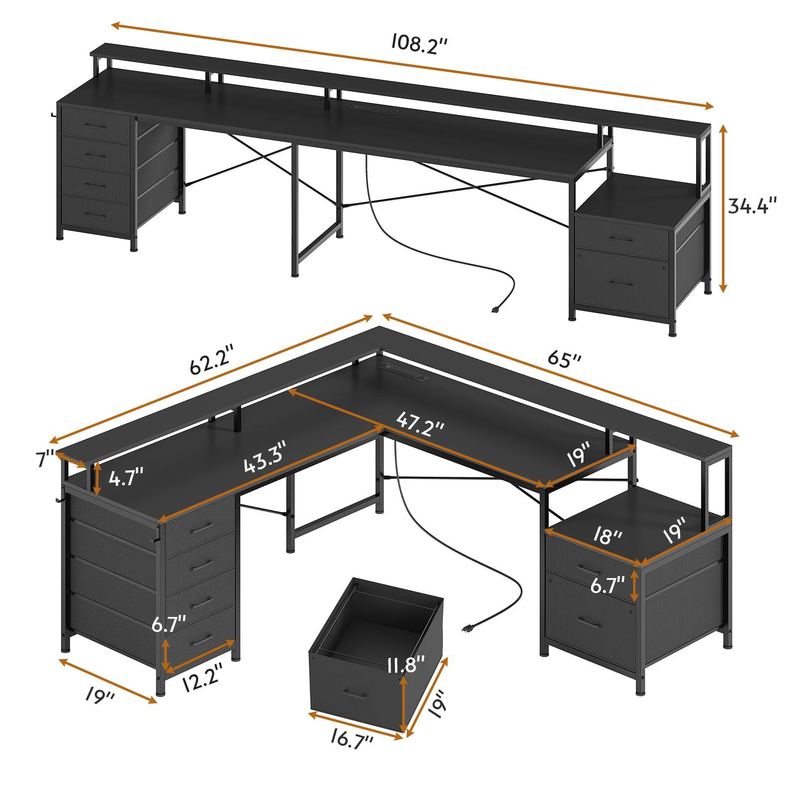 SEDETA L Shaped Desk with 6 Drawer, 108" Home Office Desk with File Drawer & Power Outlet, Corner Computer Desk with Monitor Shelf, File Cabinet, Two Person Desk, Gaming Desk with Led Lights, Black - Image 3
