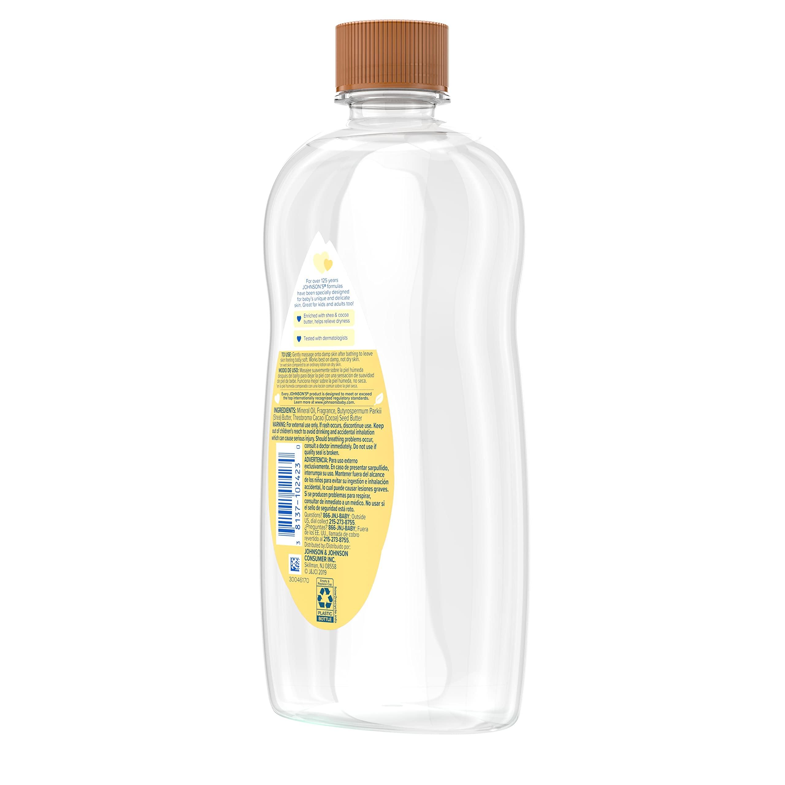 Johnson's Baby Oil, Mineral Oil Enriched with Shea & Cocoa Butter to Prevent Moisture Loss, Hypoallergenic, 20 fl. oz - Image 6