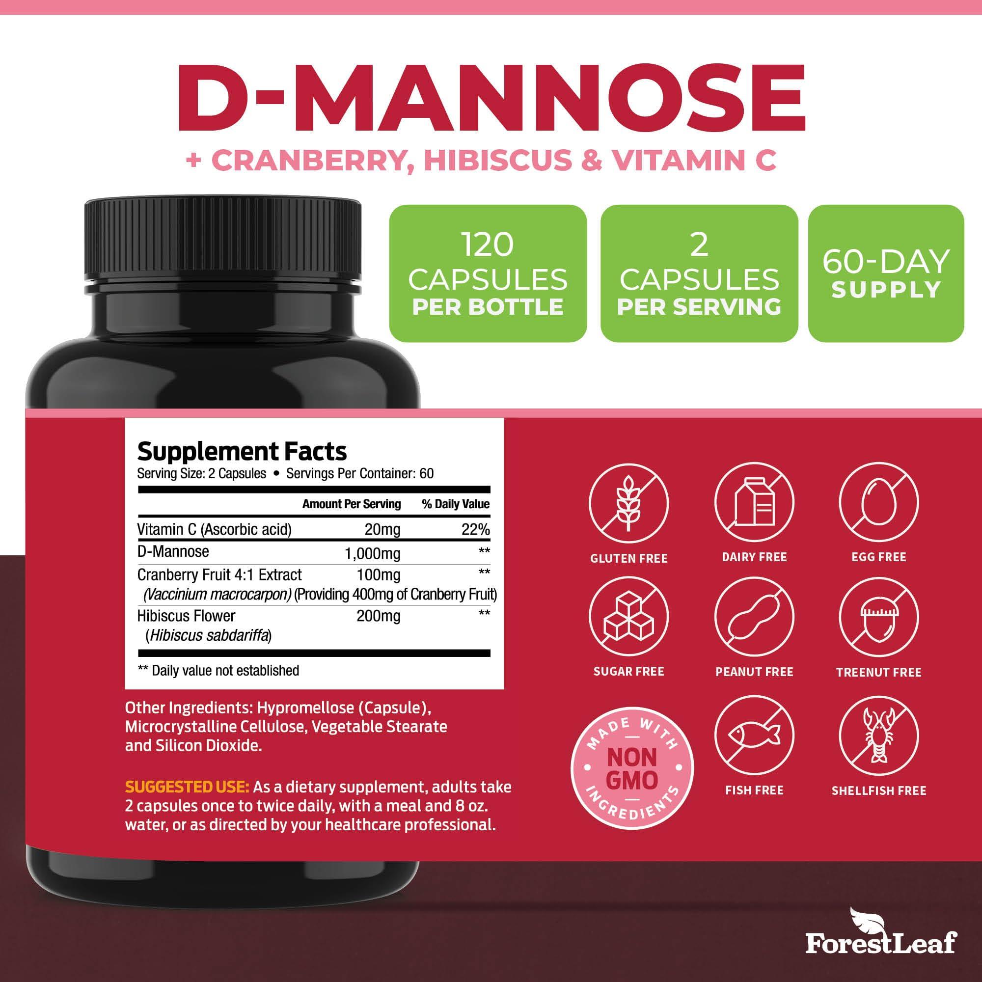 ForestLeaf D Mannose 1000mg Capsules - D-Mannose with Cranberry, Hibiscus & VIT C, Urinary Tract Health for Women and Men, DMannose Pills for UTI, Urinary Health & Bladder Support 120 Capsules - Image 4
