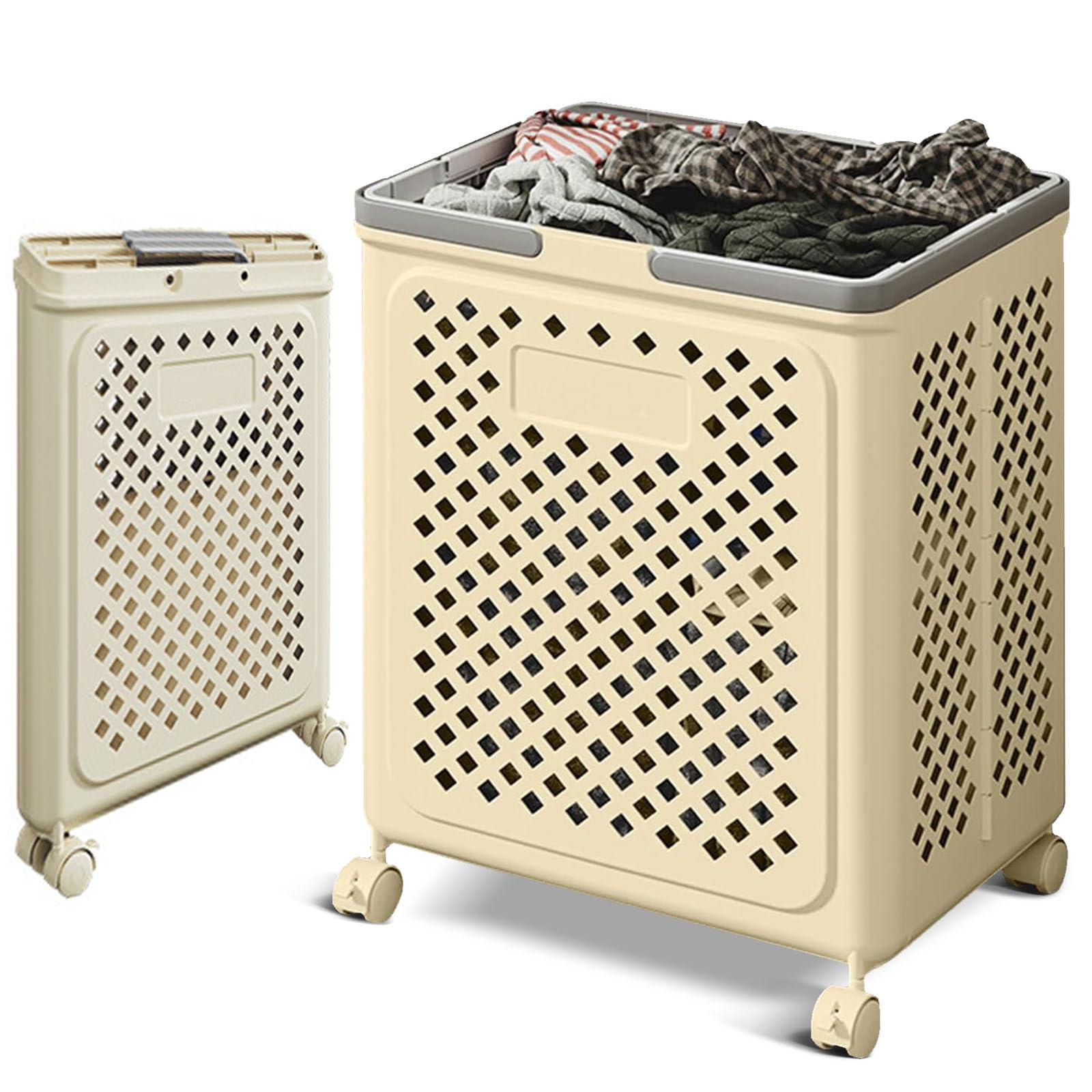 Desricy 50L small foldable storage basket with wheels and handles, yoga mat storage basket, mesh rolling laundry basket, plastic small rolling gift basket are the best choice to save space