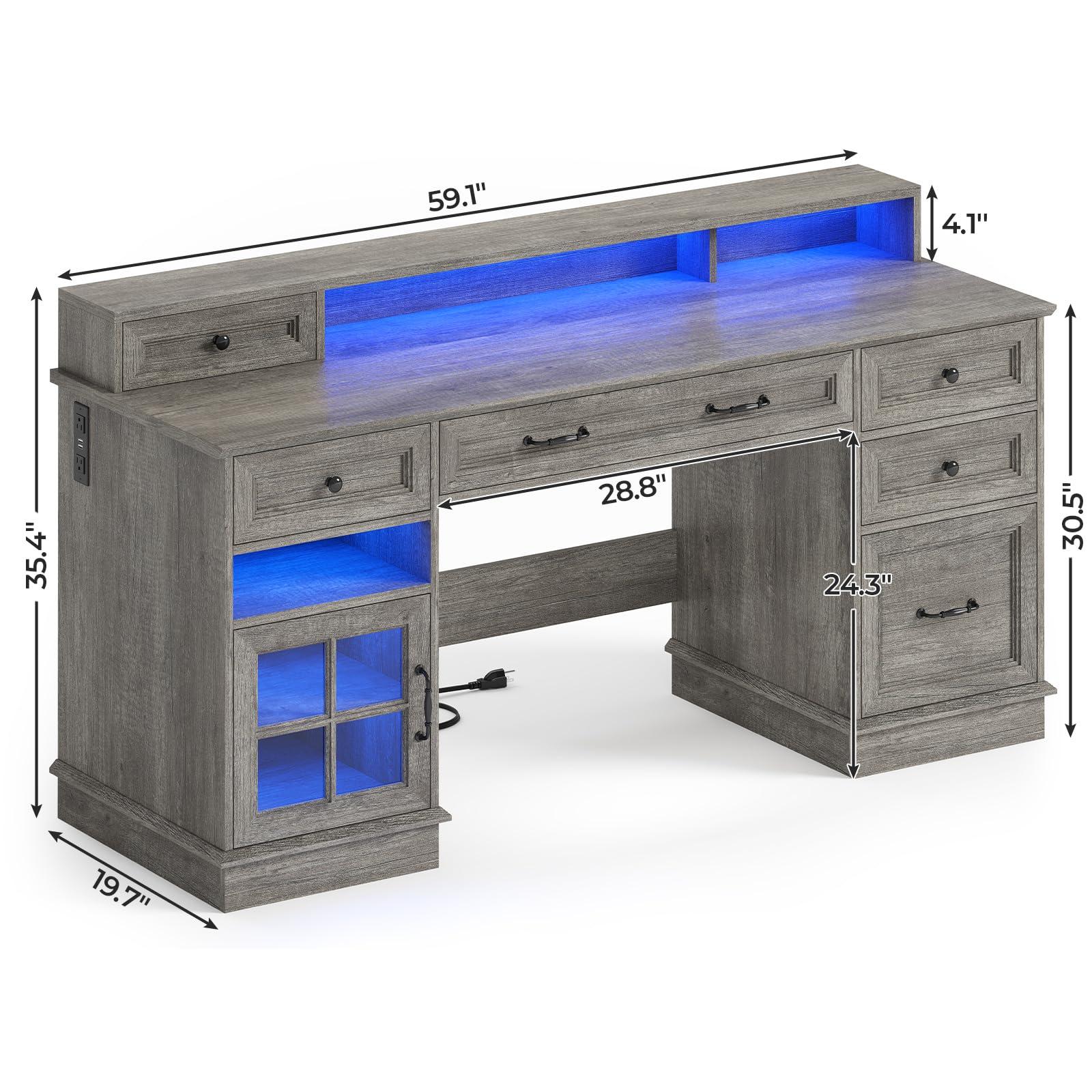 BTHFST Farmhouse Executive Desk with File Drawer, Computer Desk with Charging Station & LED Lights, Home Office Desk with Drawers & Storage Cabinet, Executive Office Desk with Monitor Stand, Grey - Image 2