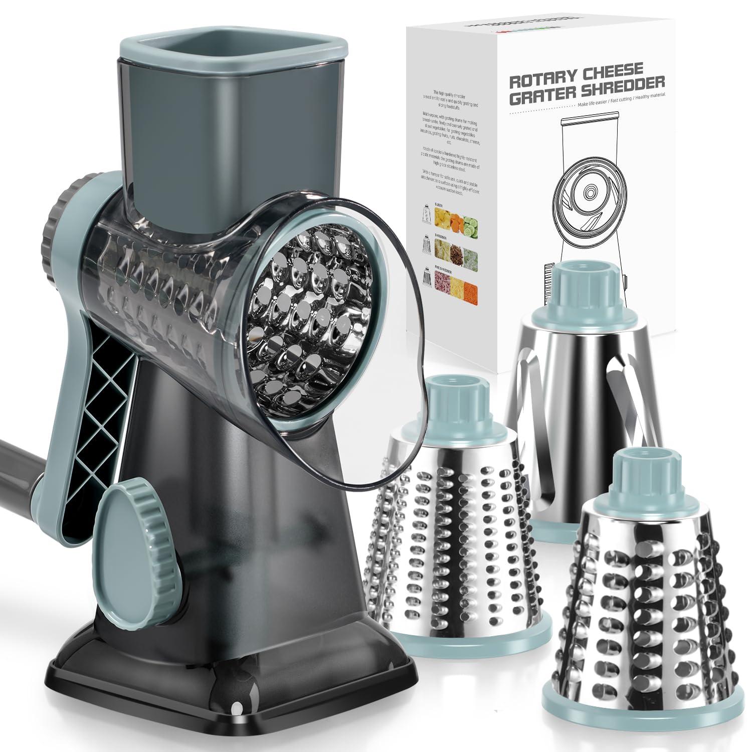 KEOUKE Rotary Cheese Grater Hand Crank Cheese Shredder Vegetable Mandoline Slicer for Kitchen 3 Changeable Blades for Cheese Potato Zucchini Nuts Chocolate - GreyBlue