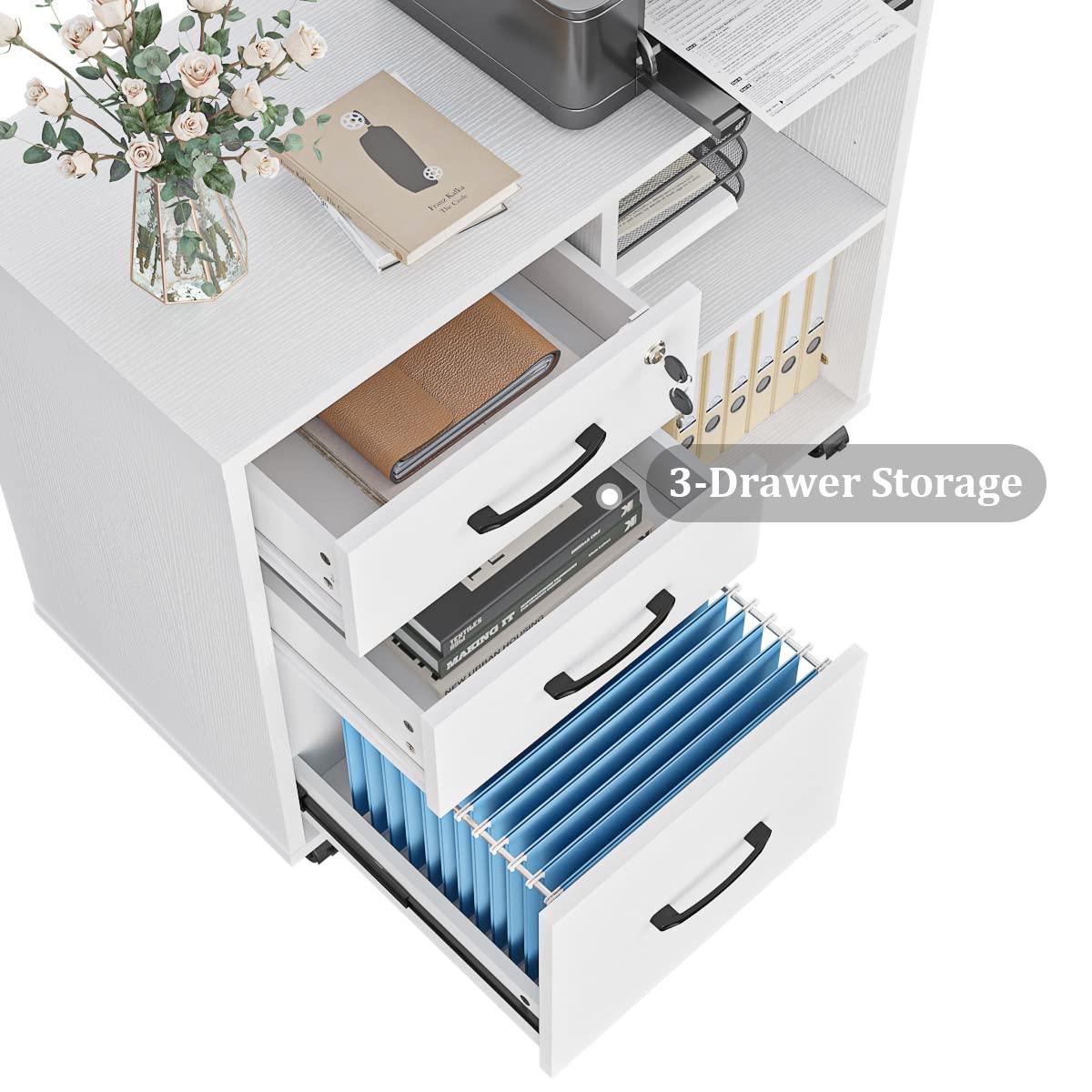 3 Drawer File Cabinets, Mobile Lateral Printer Stand with Open Shelf, Rolling Filing Cabinet with Wheels Home Office Organization and Storage (White) - Image 7